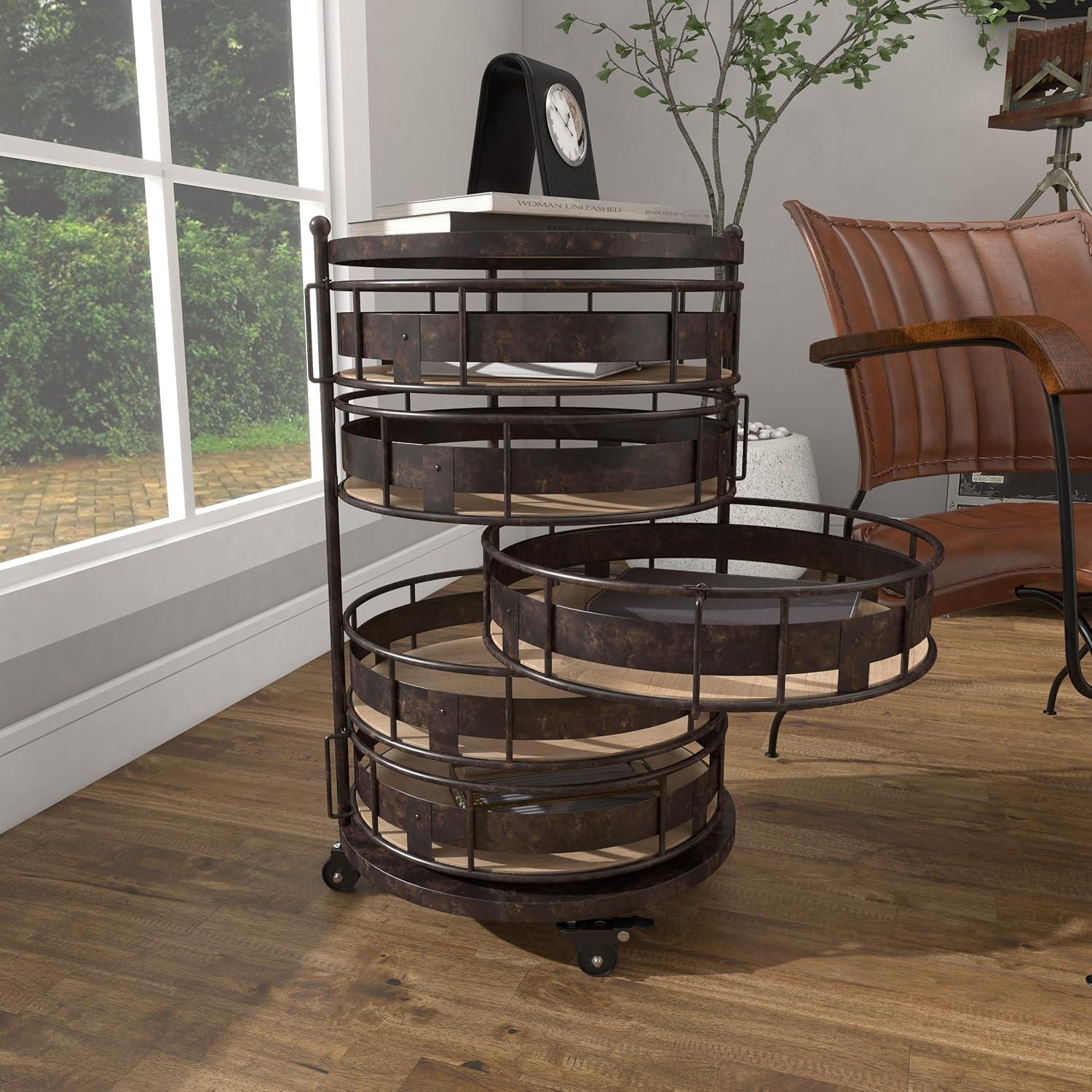 DecMode Brown Metal Rolling Circular 6 Shelf Kitchen Storage Cart with Adjustable Shelves