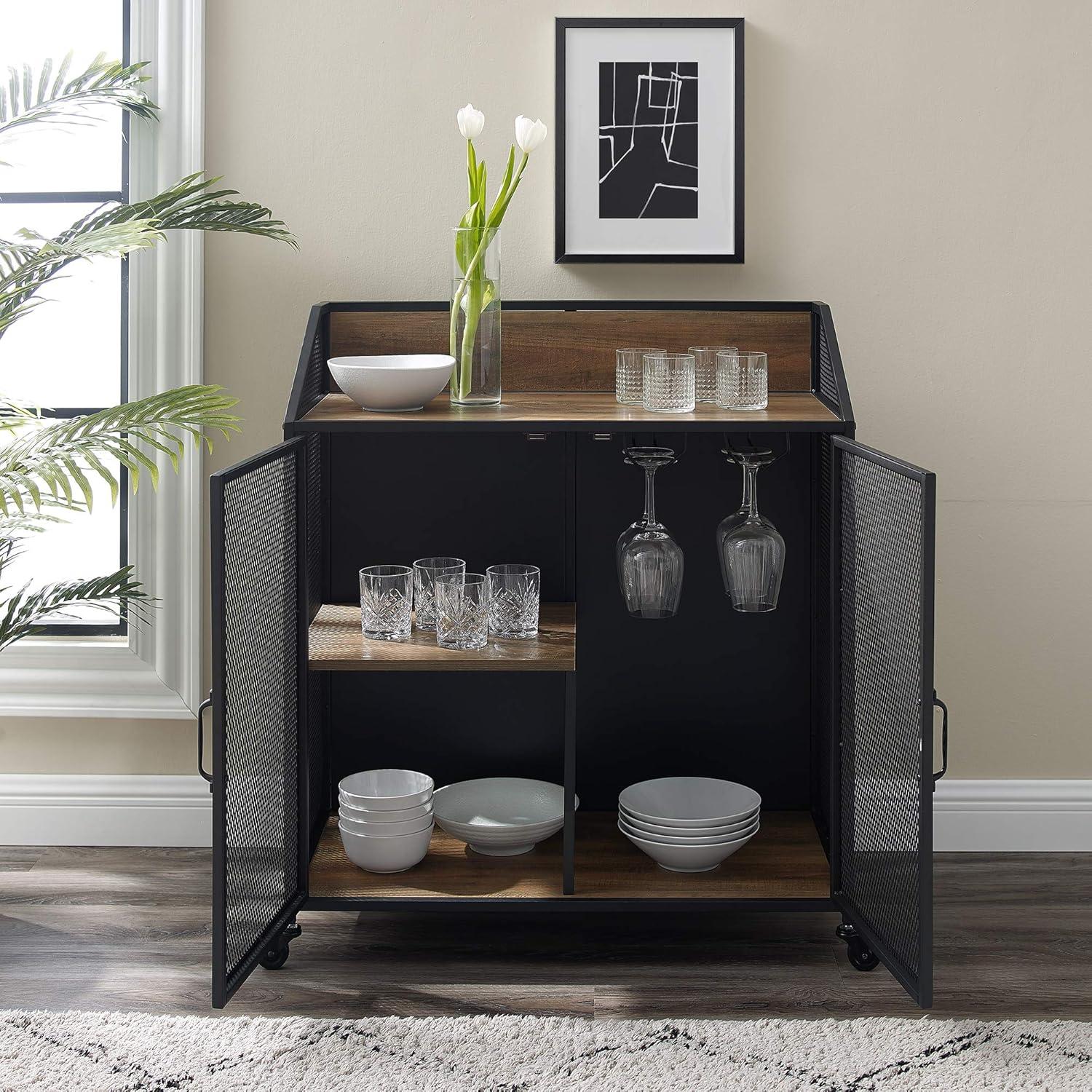 Walker Edison Industrial Bar Cabinet with Wheels, Reclaimed Barn wood