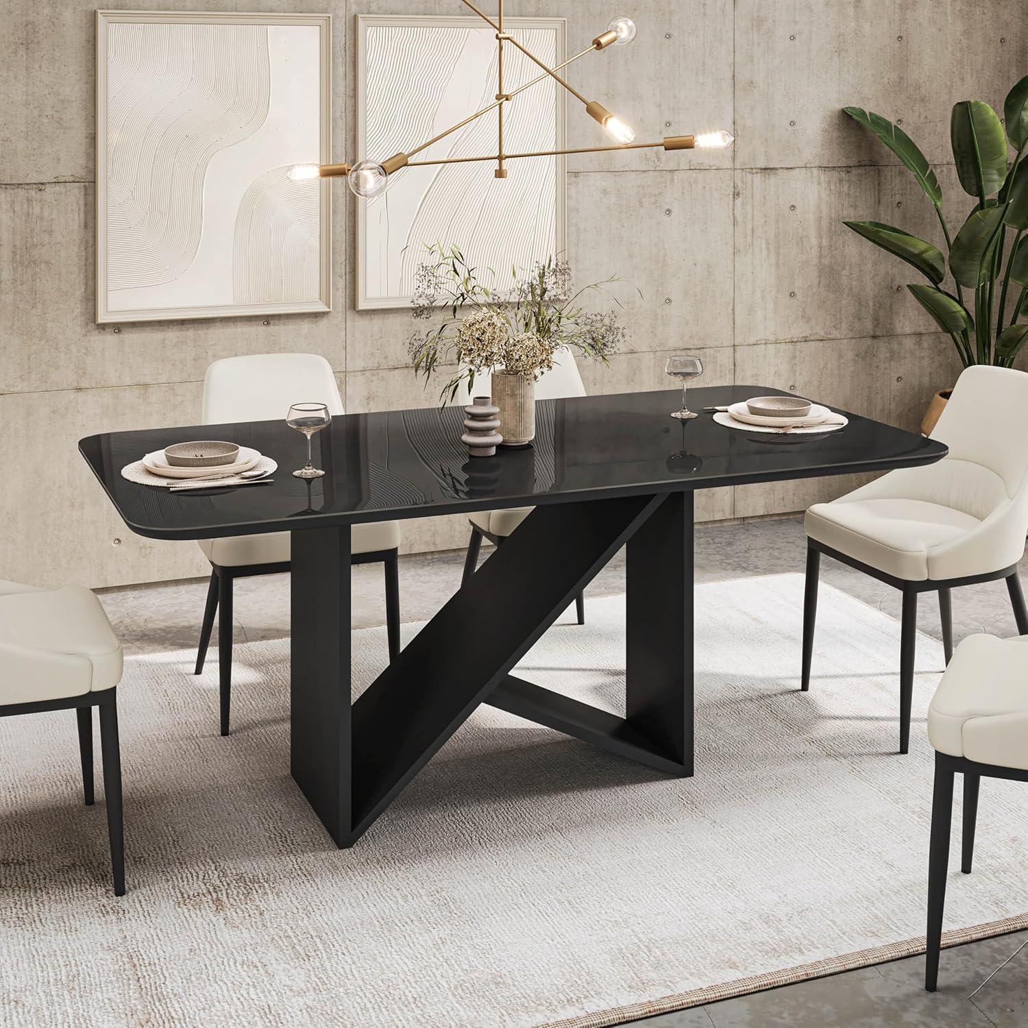 Elegant Painted Glass Dining Table for 6, Italian-Style 6-Seater Dining Table with Tempered Glass Top and Elegant Wood Base, Modern and Sophisticated Design for Dining Rooms, Black