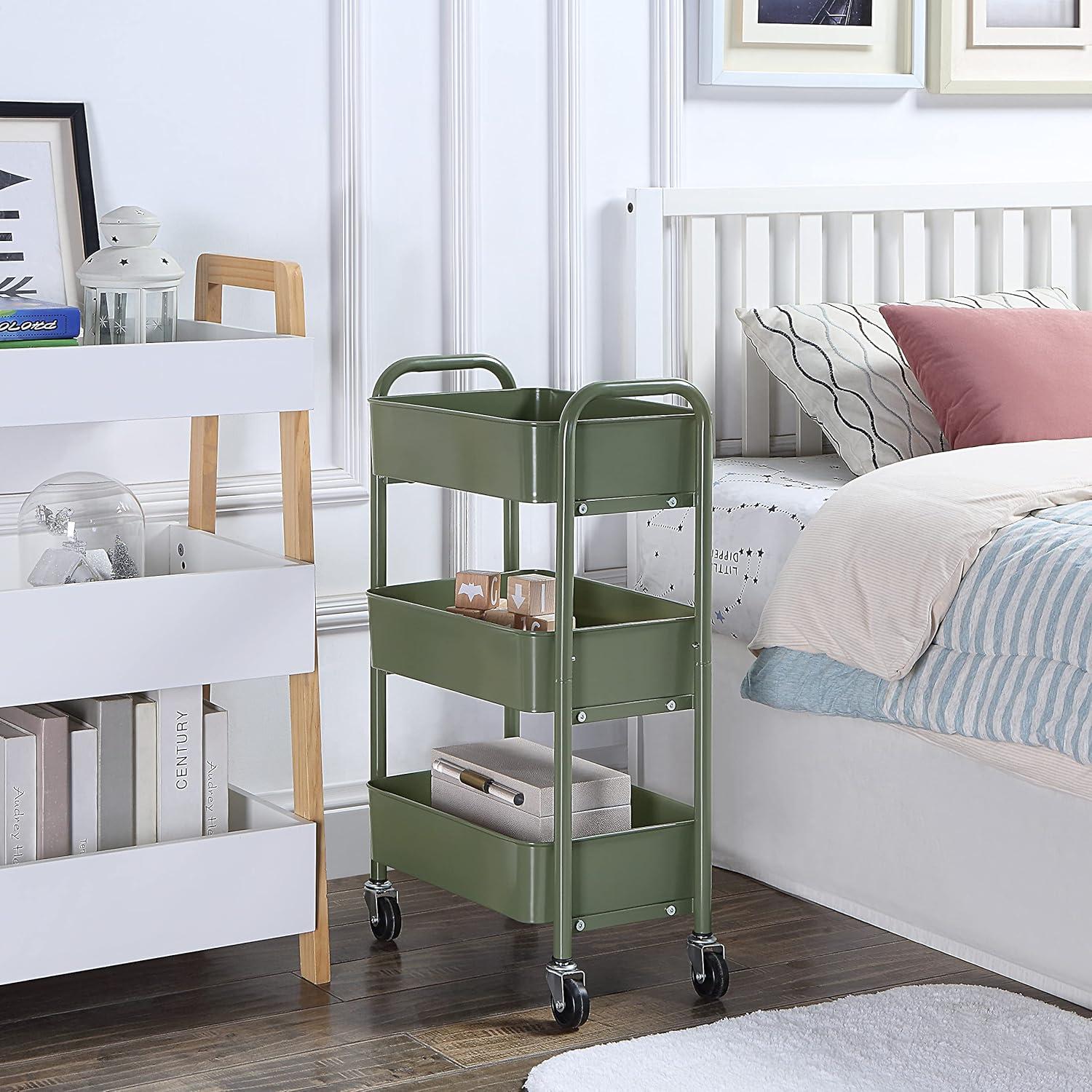 Army Green Metal 3-Tier Rolling Storage Cart