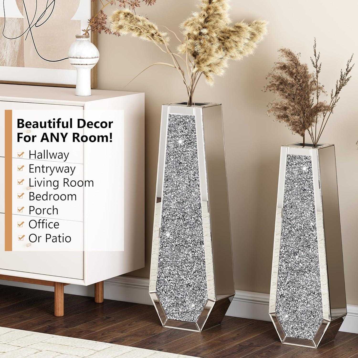 30" Tall Silver Glass Floor Vase with Crushed Diamond Mirror