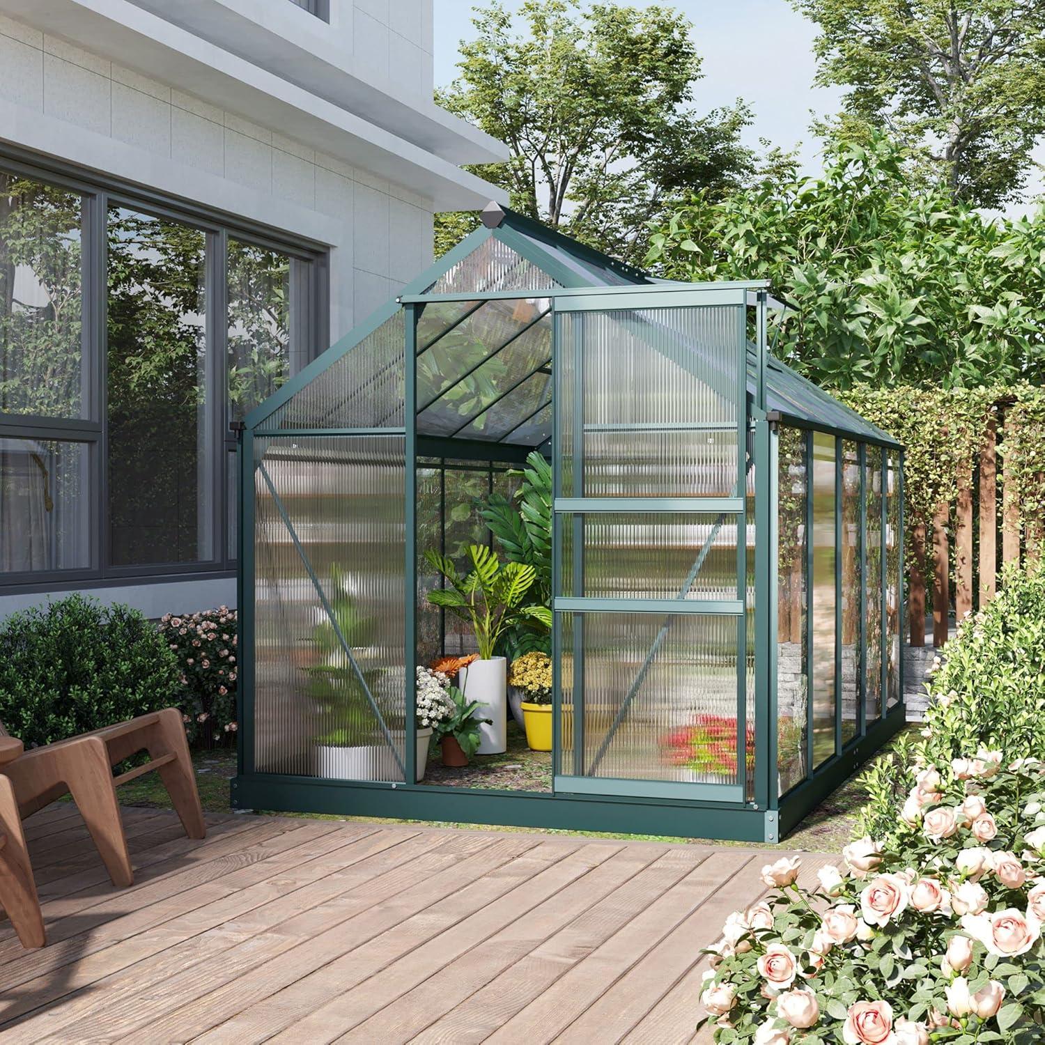 Outsunny Polycarbonate Greenhouse, Heavy Duty Outdoor Aluminum Walk-in Green House Kit with Vent & Door for Backyard Garden