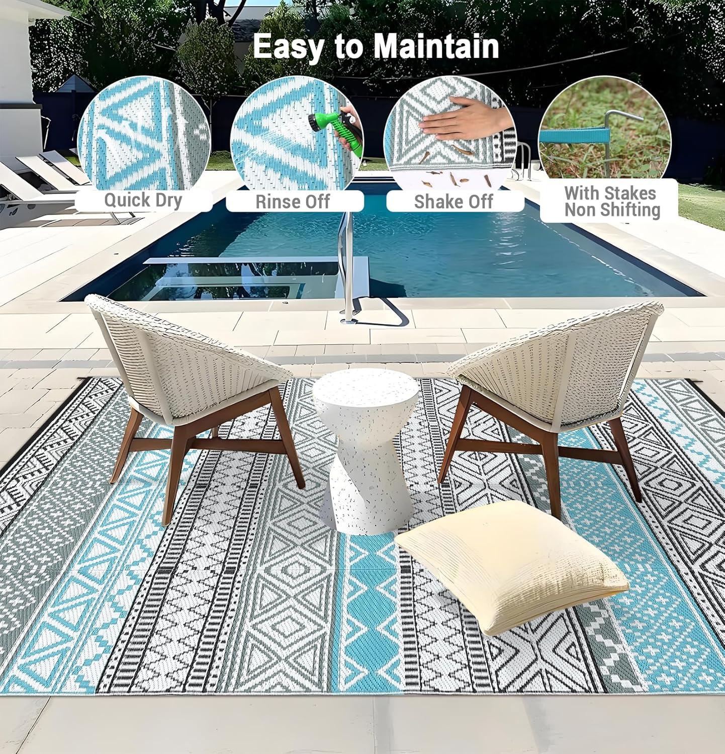 Garvee 9'x12' Plastic Outdoor Rugs, Bohemia Waterproof Straw Rug Reversible Indoor Outdoor Carpet for Patio RV Deck Porch Backyard Balcony Camping Picnic Beach, Multi-color