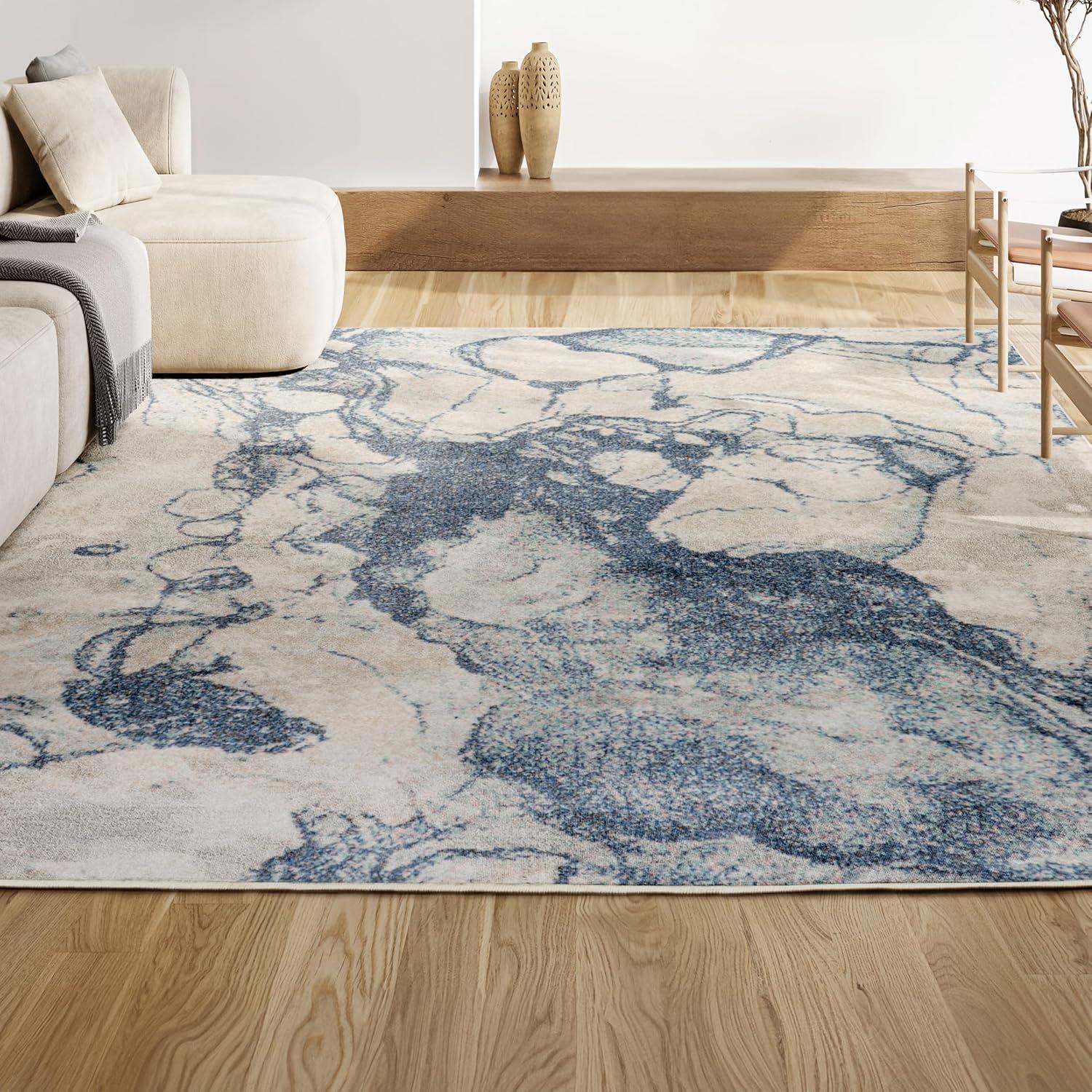 8' x 10' Marmo Abstract Marbled Modern Area Rug, Blue/Cream - JONATHAN Y