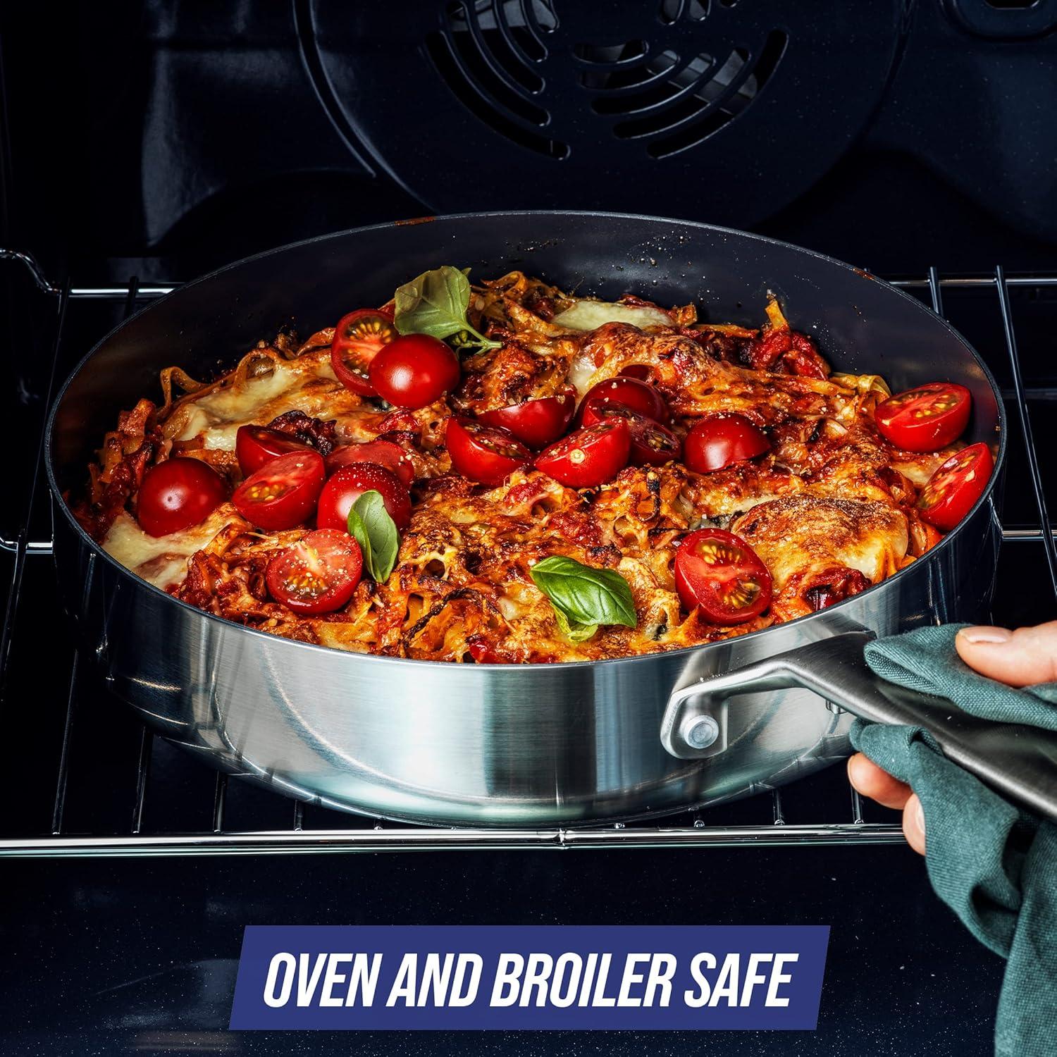 Blue Diamond Blue Diamond Cookware Tri-Ply Stainless Steel Ceramic Nonstick, 3.75QT Saute Pan Jumbo Cooker With Lid, PFAS-Free, Multi Clad, Induction, Dishwasher Safe, Oven Safe, Silver
