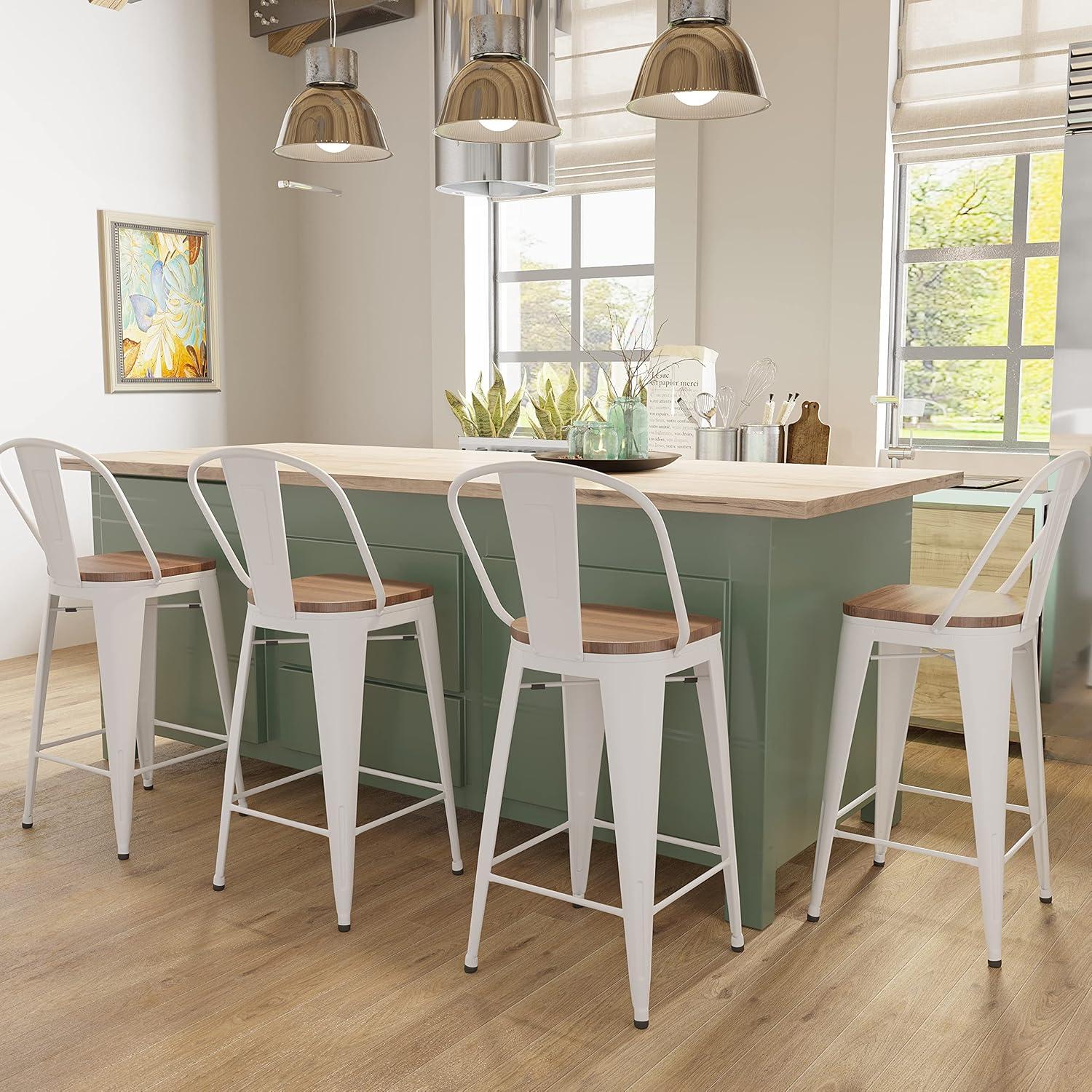 Aklaus Metal Bar Stools Set of 4,24 inch Barstools Counter Height Bar Stool with Back Farmhouse Bar Stools with Larger seat High Back Kitchen Dining Chairs Modern Bar Chairs White Cream Stool