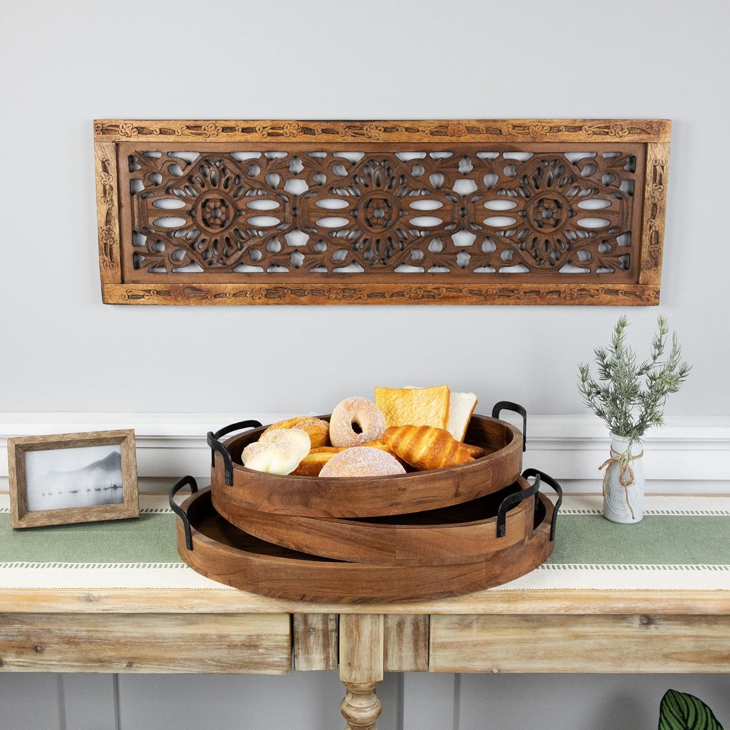 Set of 3 Acacia Wood Trays with Metal Handles