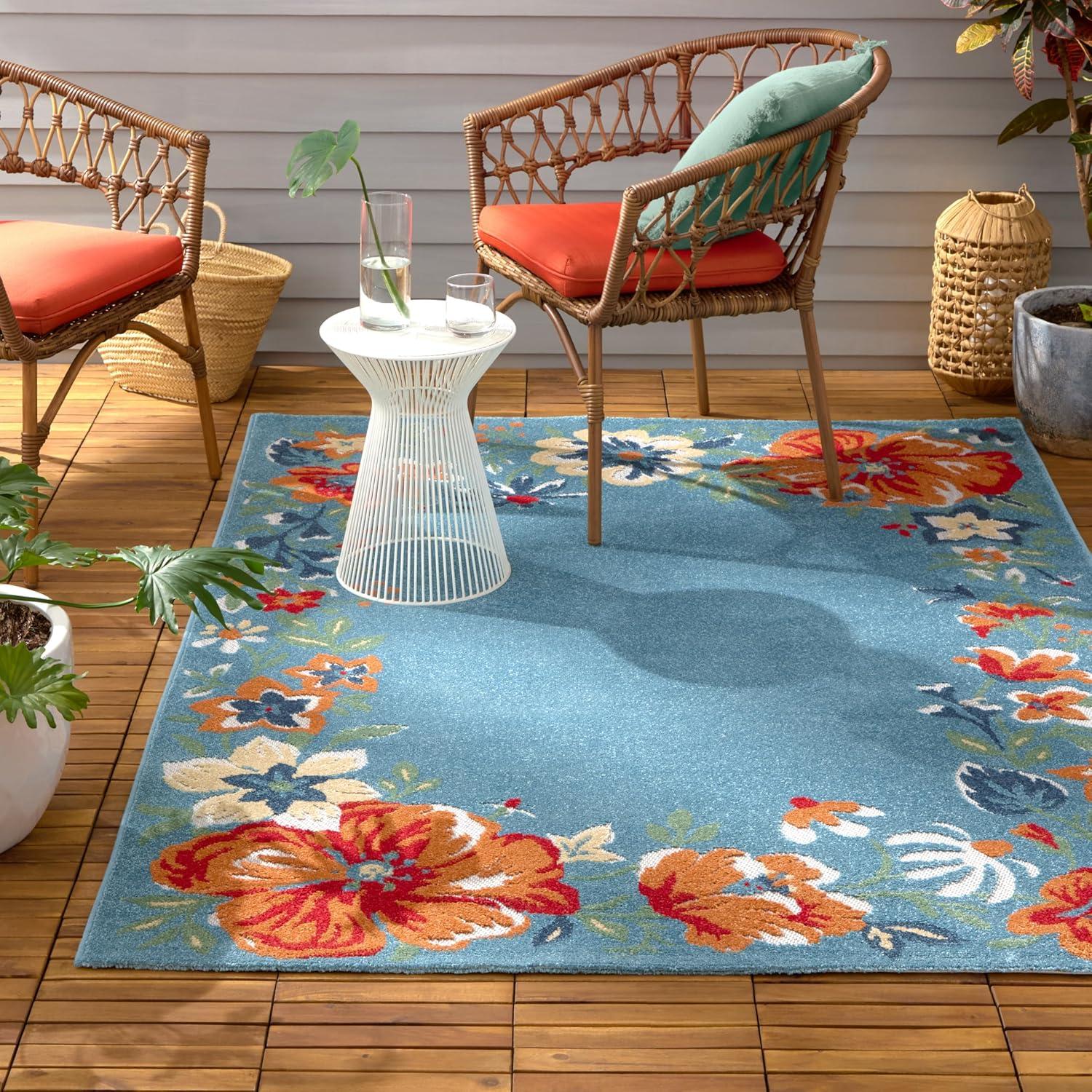 TOWN & COUNTRY EVERYDAY Hibiscus Bloom Border Modern Floral Indoor Outdoor Area Rug