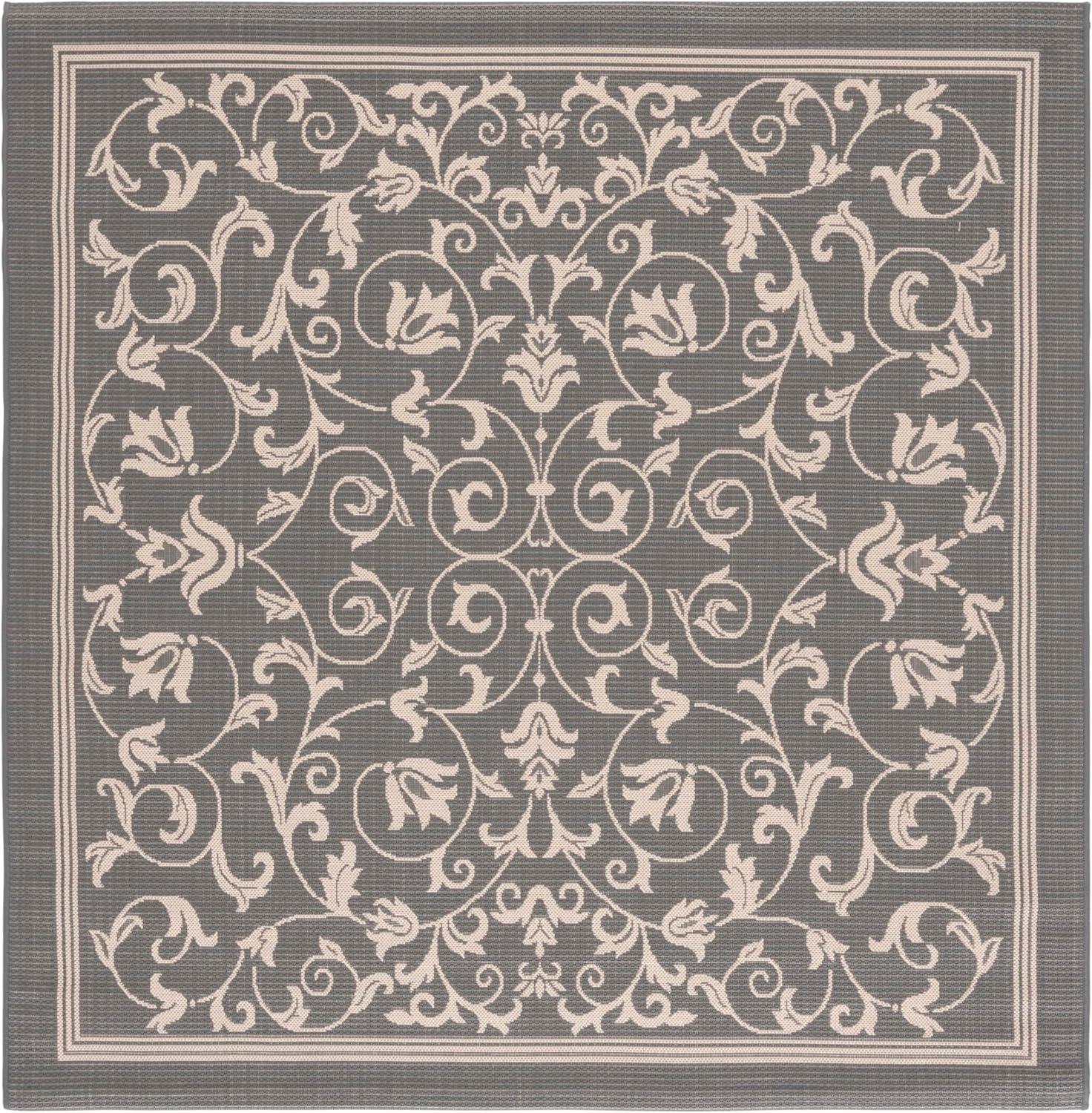 SAFAVIEH Courtyard Nanda Floral Indoor/Outdoor Area Rug, 7'10" x 7'10" Square, Grey/Natural