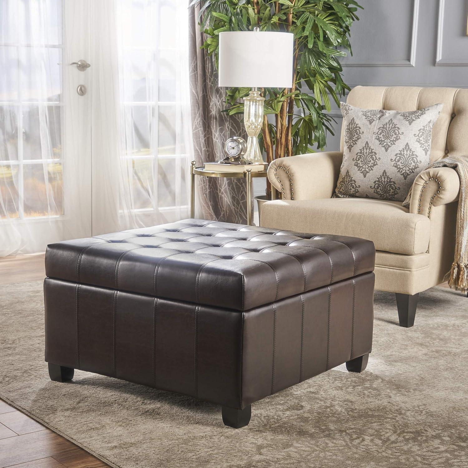 Christopher Knight Home Alexandria Bonded Leather Storage Ottoman - Brown: Upholstered Bench, Hardwood Frame