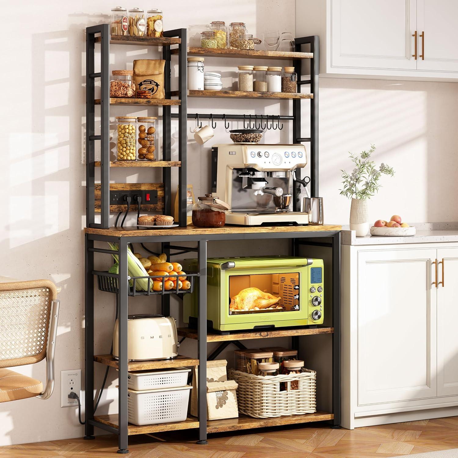 Rustic Brown and Black Adjustable Kitchen Baker's Rack with Power Outlet