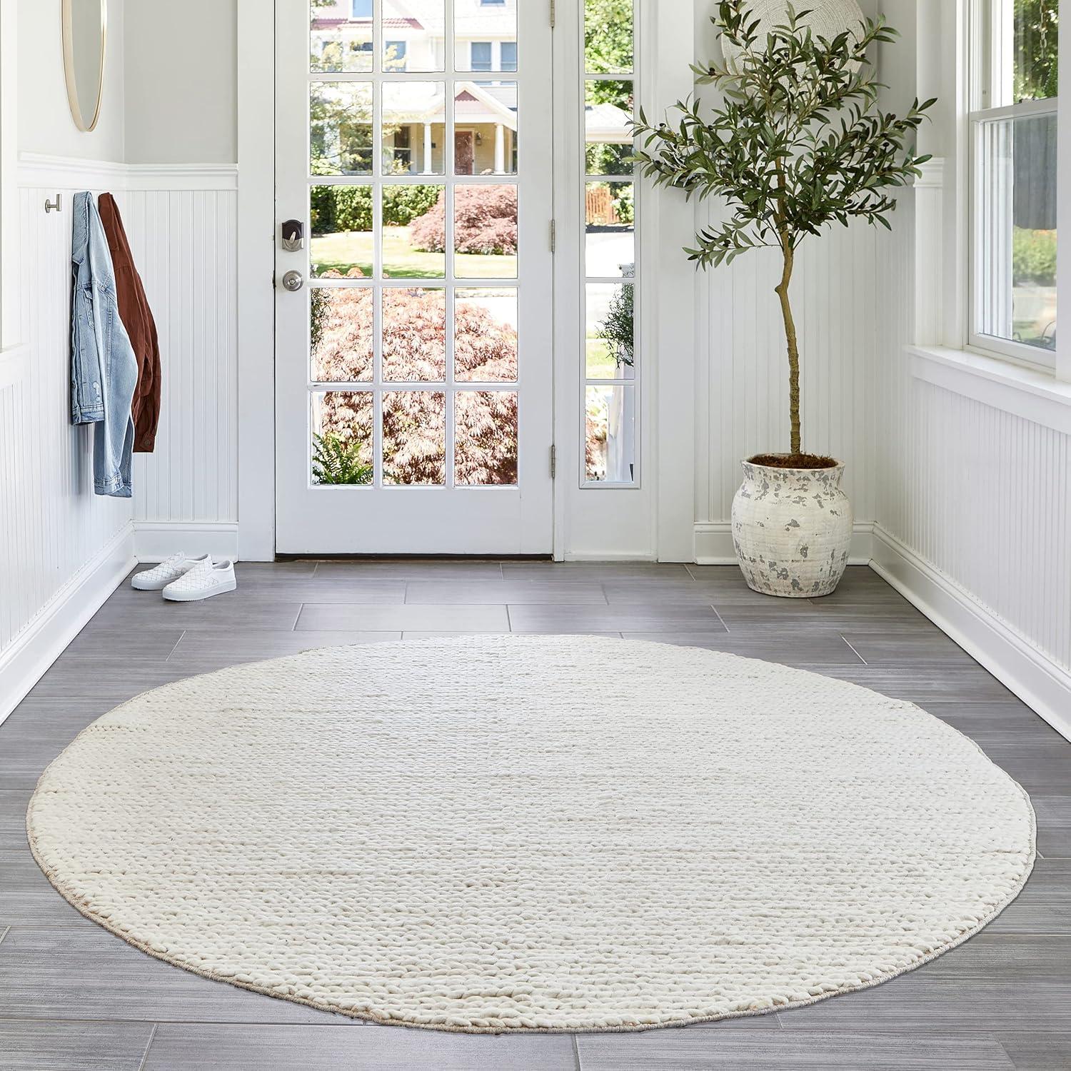 Handmade Off White Braided Wool Round Shag Rug