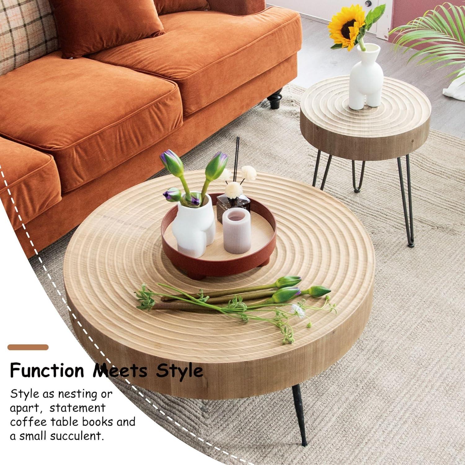 COZAYH 2-Piece Modern Farmhouse Living Room Coffee Table Set, Nesting Table Round Natural Finish with Handcrafted Wood, Ring Pattern