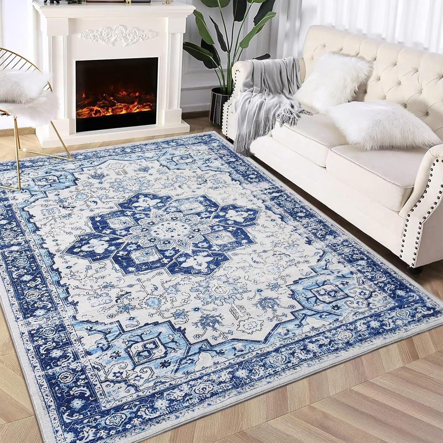 Blue Washable Non-Slip Synthetic 9' x 12' Rectangular Area Rug