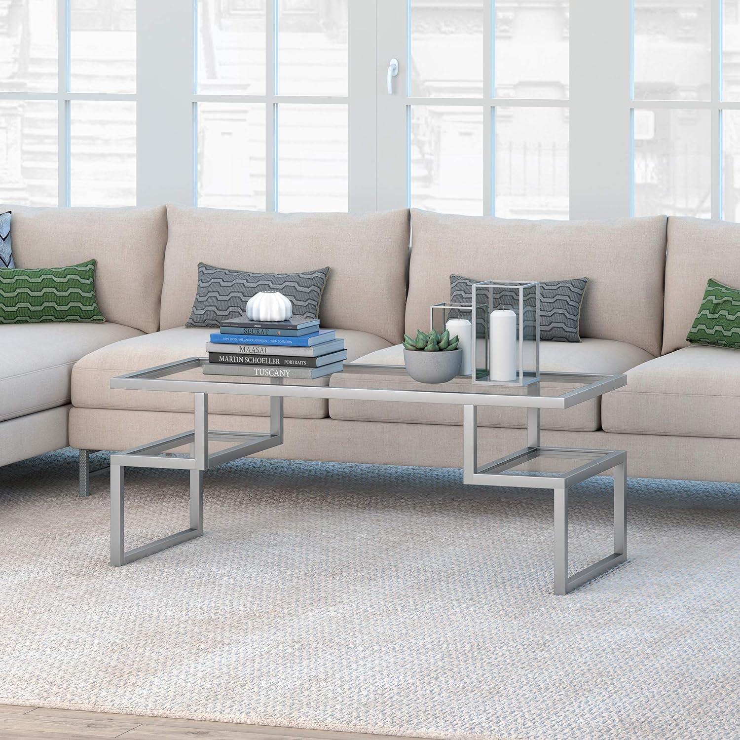 Zander Nickel Finish Rectangular Coffee Table with Tempered Glass Top