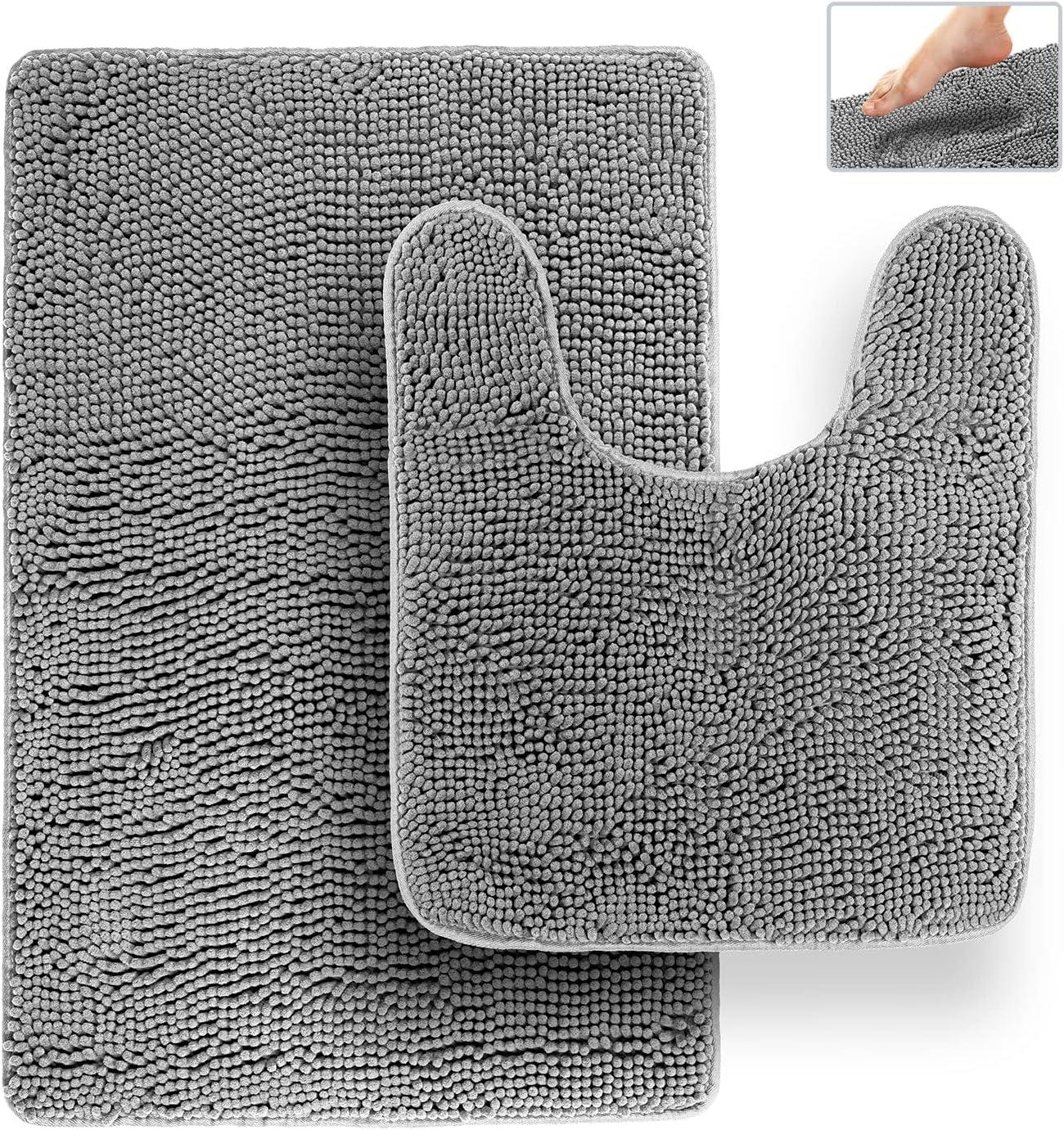 Latitude Run® Bathroom Rugs, Extra-Thick Memory Foam Bath Mat, Ultra-Soft Chenille Microfiber, Highly Absorbent, Machine Washable, Shaggy Bath Mats For Bathroom, Circular Cutout (21X32 + 20X22, 2Pcs) Grey