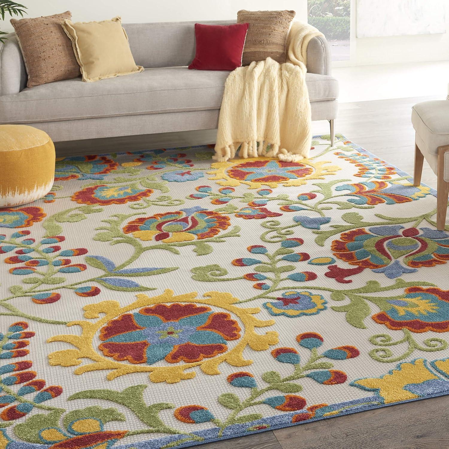 Nourison Aloha Floral Textured Flatweave High-Low Indoor Outdoor Area Rug Ivory/Multi 12' x 15'