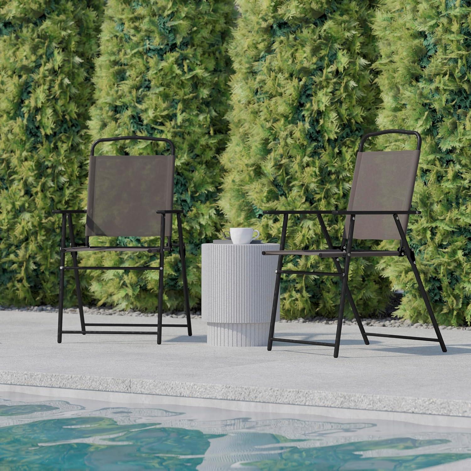 Flash Furniture Set of 2 Mystic Folding Patio Sling Chairs, Outdoor Textilene Lawn Chairs with Armrests in Brown