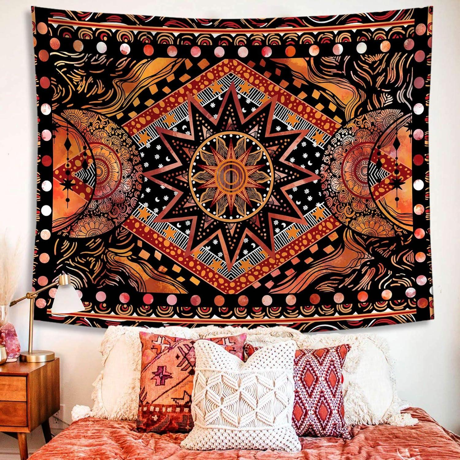 Orange Sun and Moon Tapestry Wall Hanging, Indie Hippie Mandala Cool Wall Tapestries, Aesthetic Tapestry for Bedroom Living Room Dorm (Orange, 60'''' × 80'''')