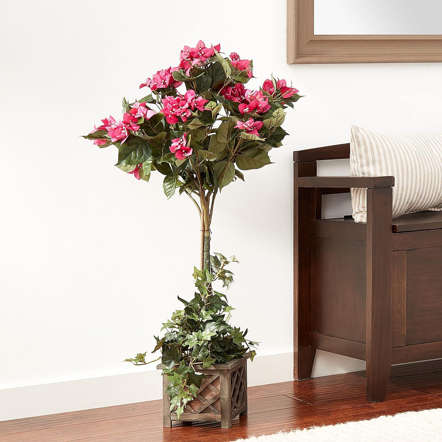 Nearly Natural 34-in Artificial Bougainvillea Topiary with Wood Box