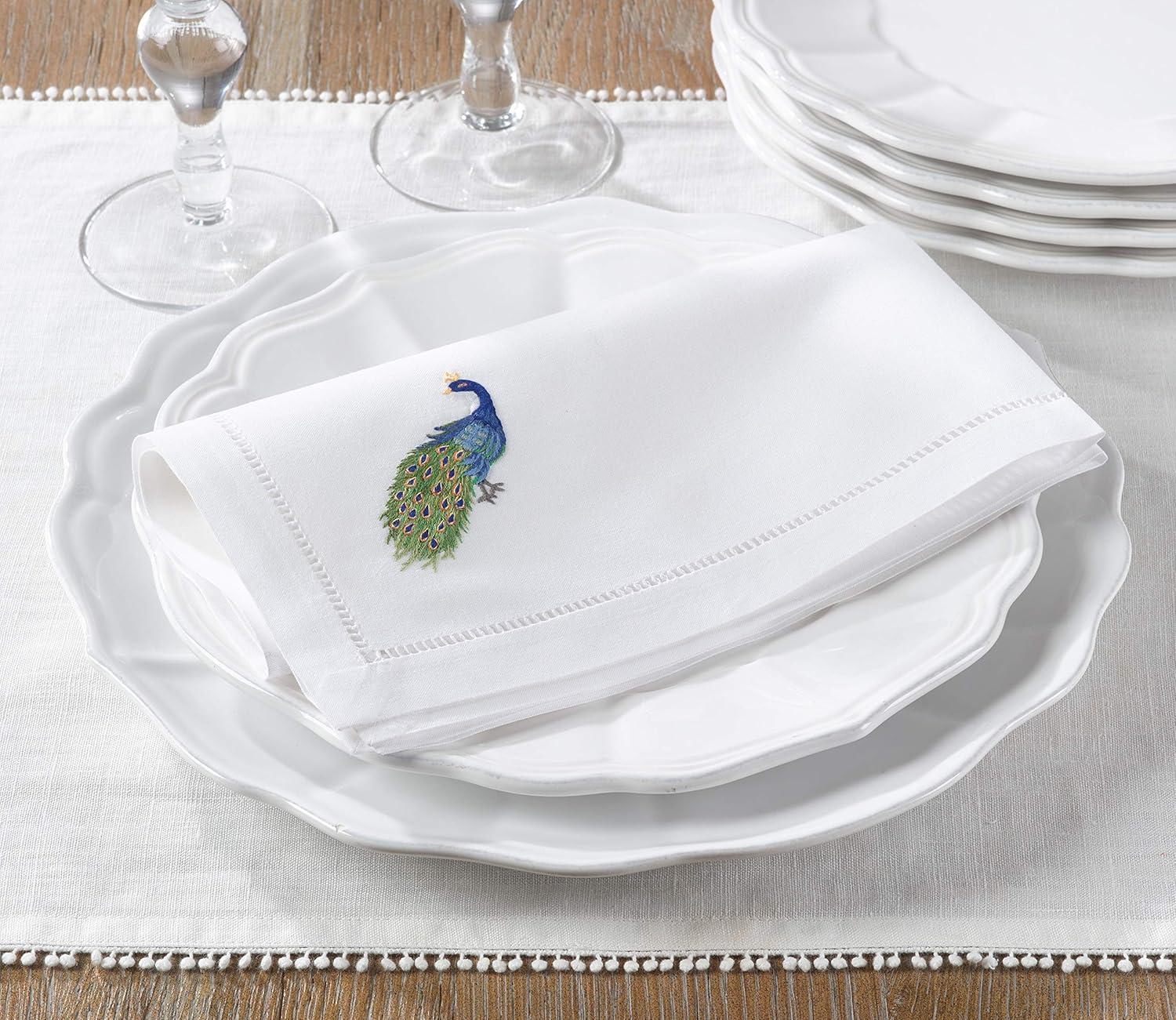 White Cotton Hemstitch Peacock Embroidered Table Napkins Set