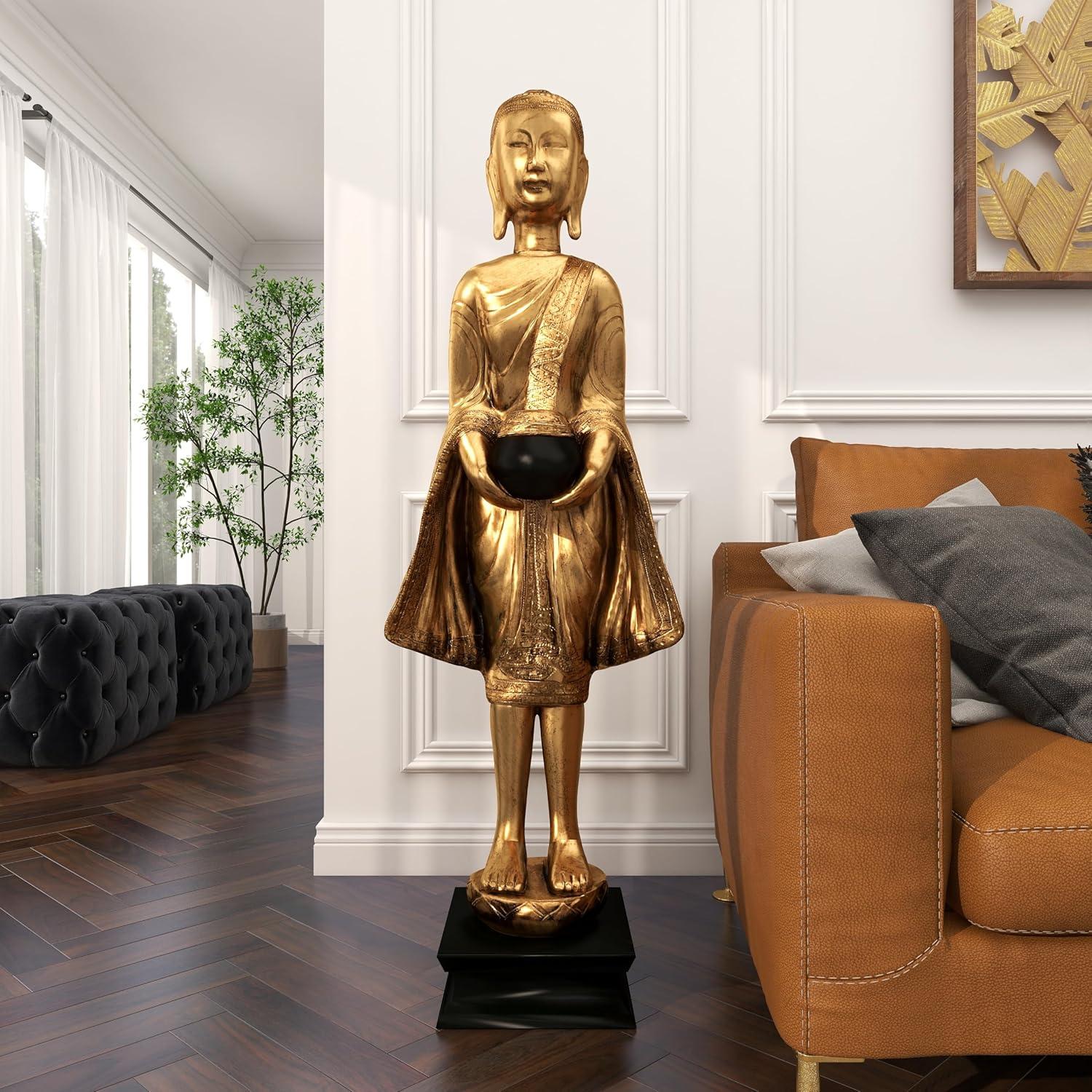 16" x 54" Gold Resin Meditating Buddha Sculpture with Engraved Carvings and Relief Detailing, by DecMode