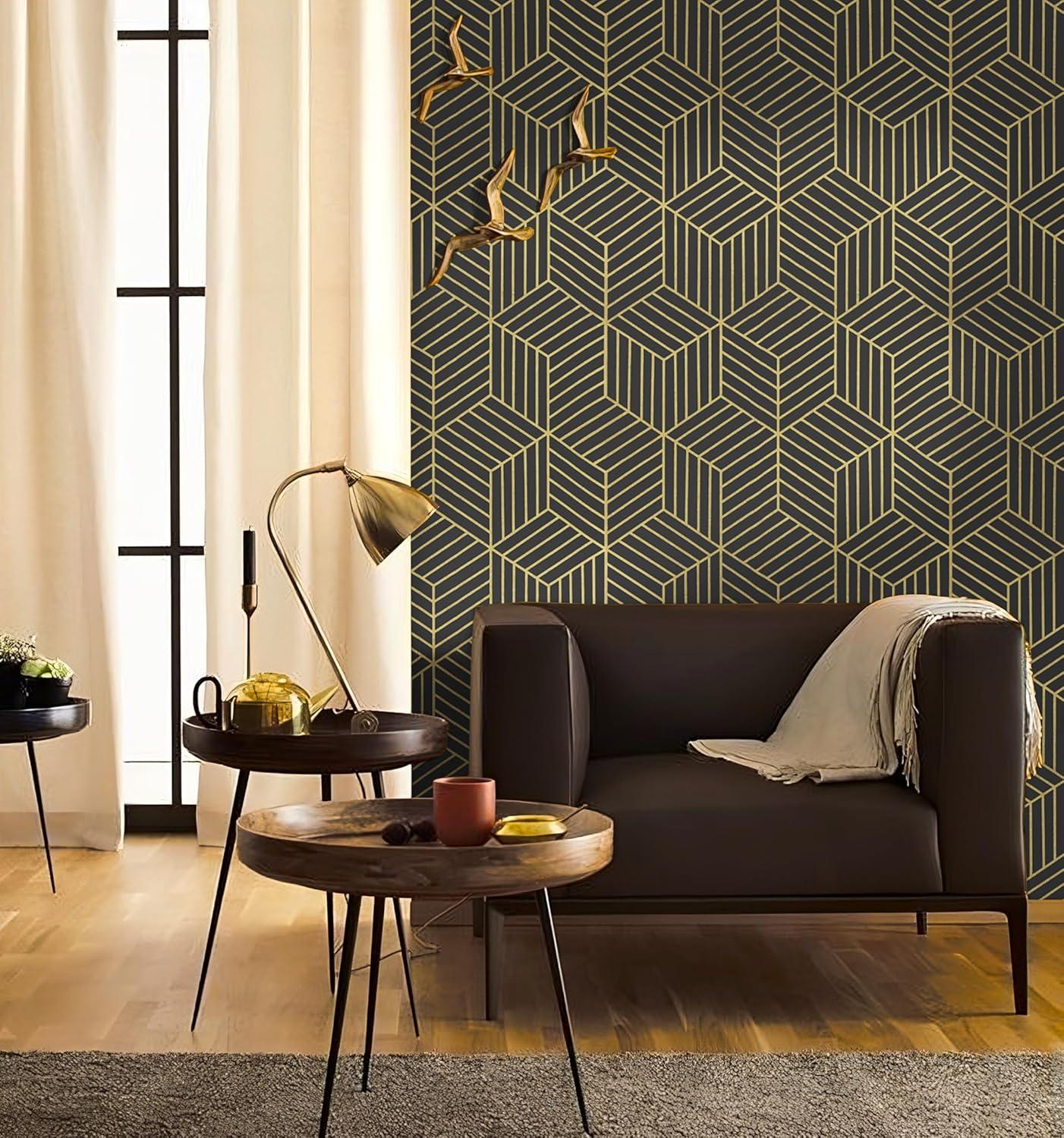 Wallpaper Black And Gold Peel And Stick Wallpaper Geometric Striped Hexagon Wallpaper Removable Self Adhesive Wall Paper Waterproof Vinyl Contact Paper For Cabinets Shelf Drawer 15.7"X78.7"