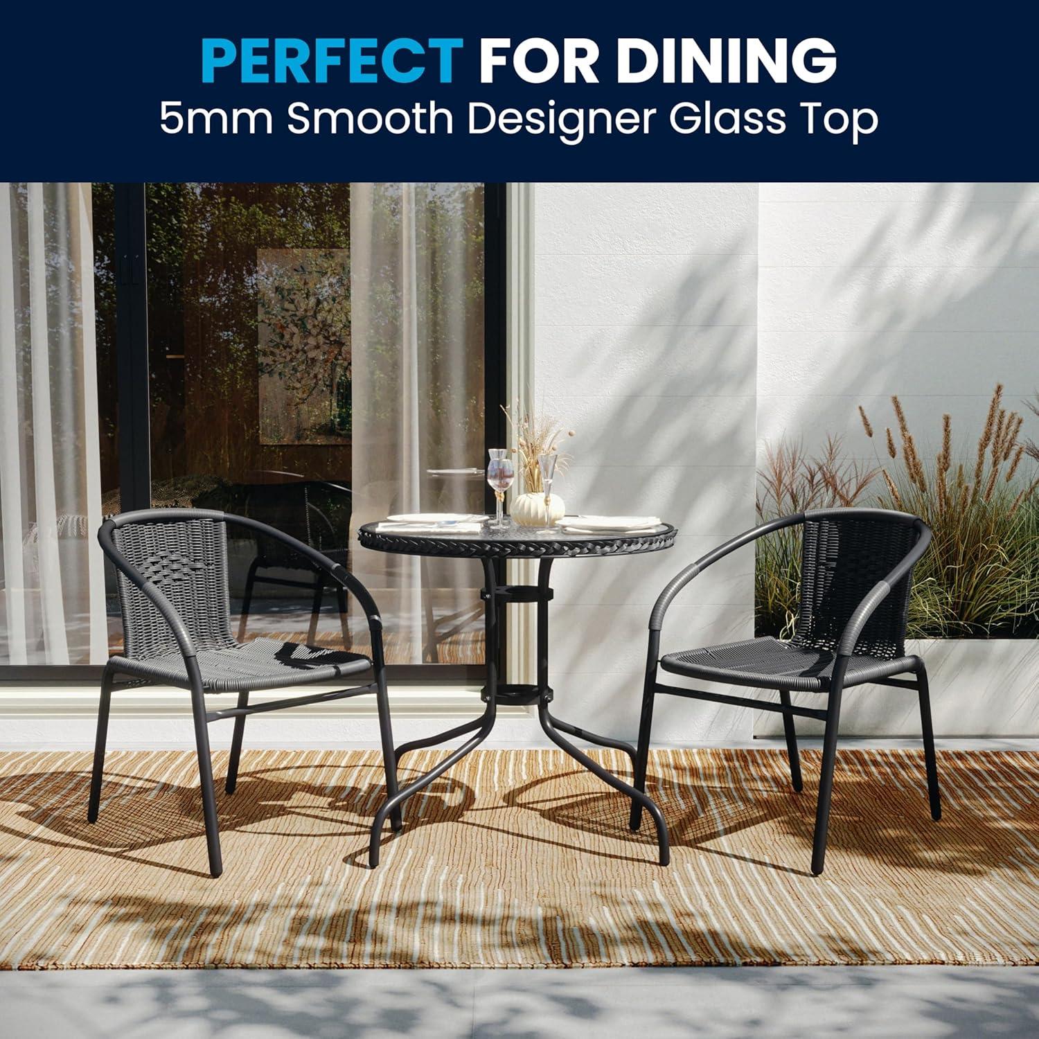 Flash Furniture Lila 28'' Round Glass Metal Table with Gray Rattan Edging and 2 Gray Rattan Stack Chairs