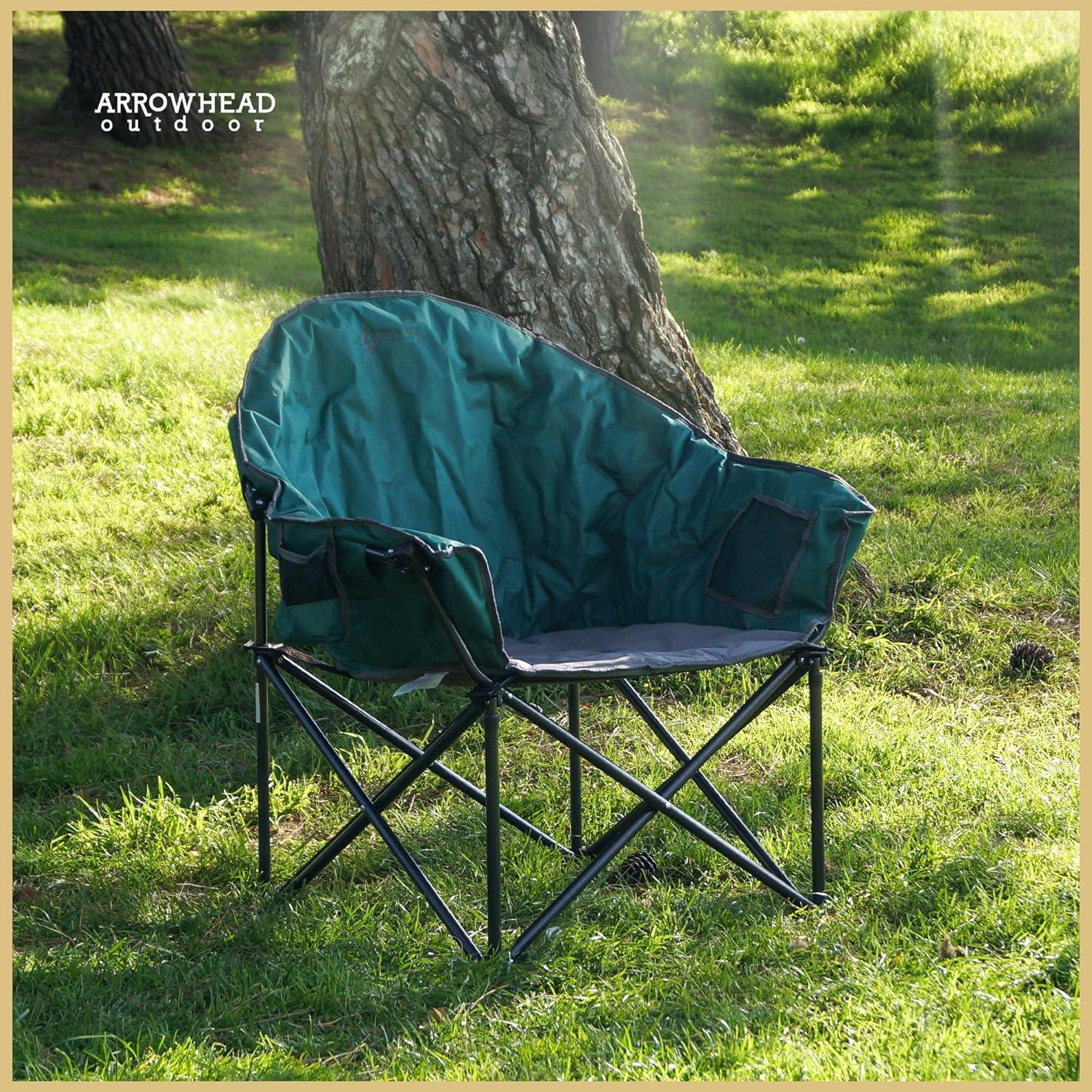 Arrowhead Outdoor Oversized Heavy-Duty Club Folding Camping Chair w/External Pocket, Cup Holder, Portable, Padded, Moon, Round, Bag (Forest Green)