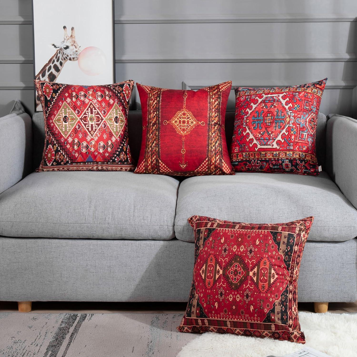 Throw Pillow Covers Geometric Home Decor Set of 4 Oriental Ikat Pillow Cases Decorative 20 x 20 Inches Cushion Couch Sofa Pillowcases Colorful Red Tribal