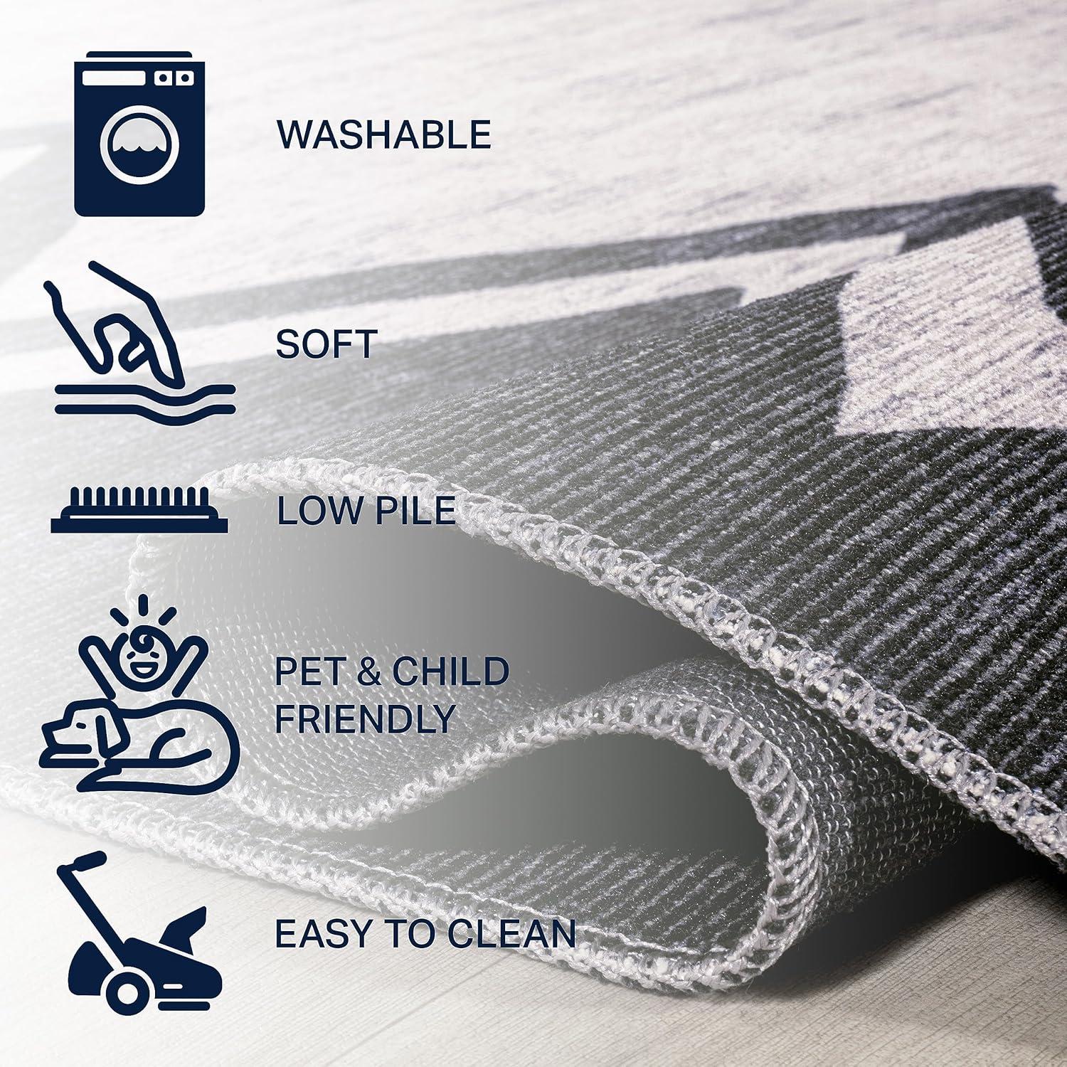 3' x 5' Siksak Modern Chevron Border Machine-Washable Area Rug, Ivory/Black - JONATHAN Y