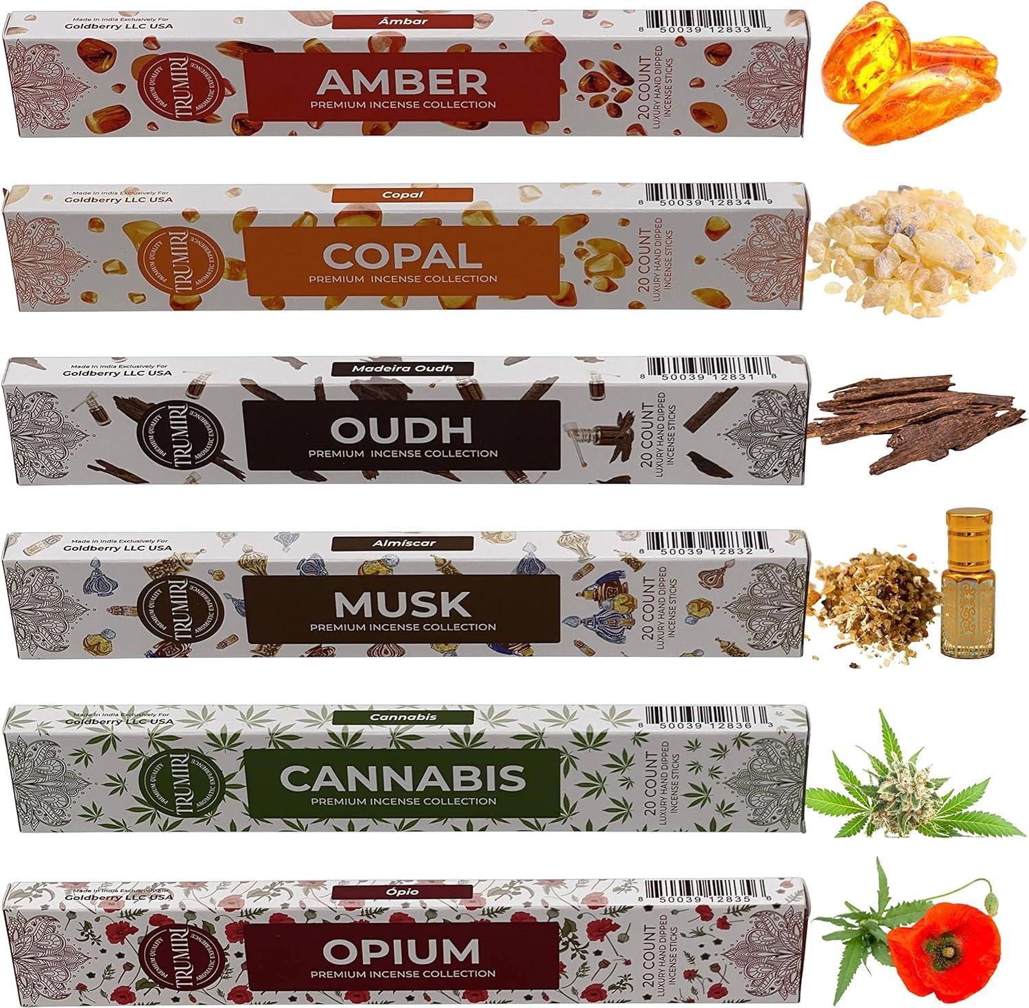 Trumiri Exotic Incense Sticks Variety Pack & Incense Burner - Gift Set - Inciensos Aromaticos - 120 Scented Sticks (6 fragrances x 20 pieces each) - Copal, Amber, Oud, Musk