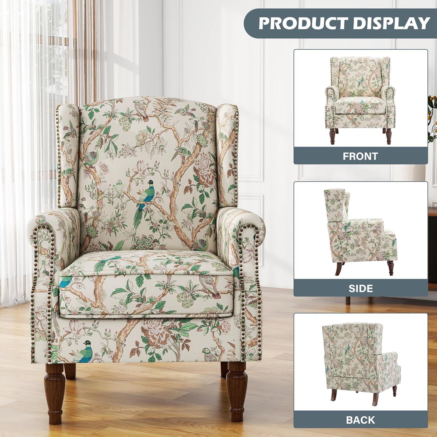 Bird Pattern Linen Upholstered High Back Accent Arm Chair with Nailhead Trim(Set of 2)