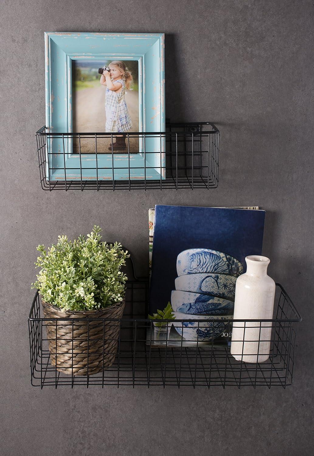 Vintage Black Small Rectangular Wire Wall Baskets, Set of 2