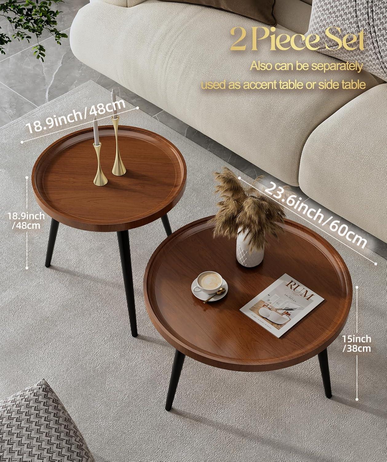 2-Piece Modern Round Coffee Table Set for Living Room,Easy Assembly Nesting Coffee Tables,Walnut Color Circle End Side Tables for Bedroom Office Balcony Yard