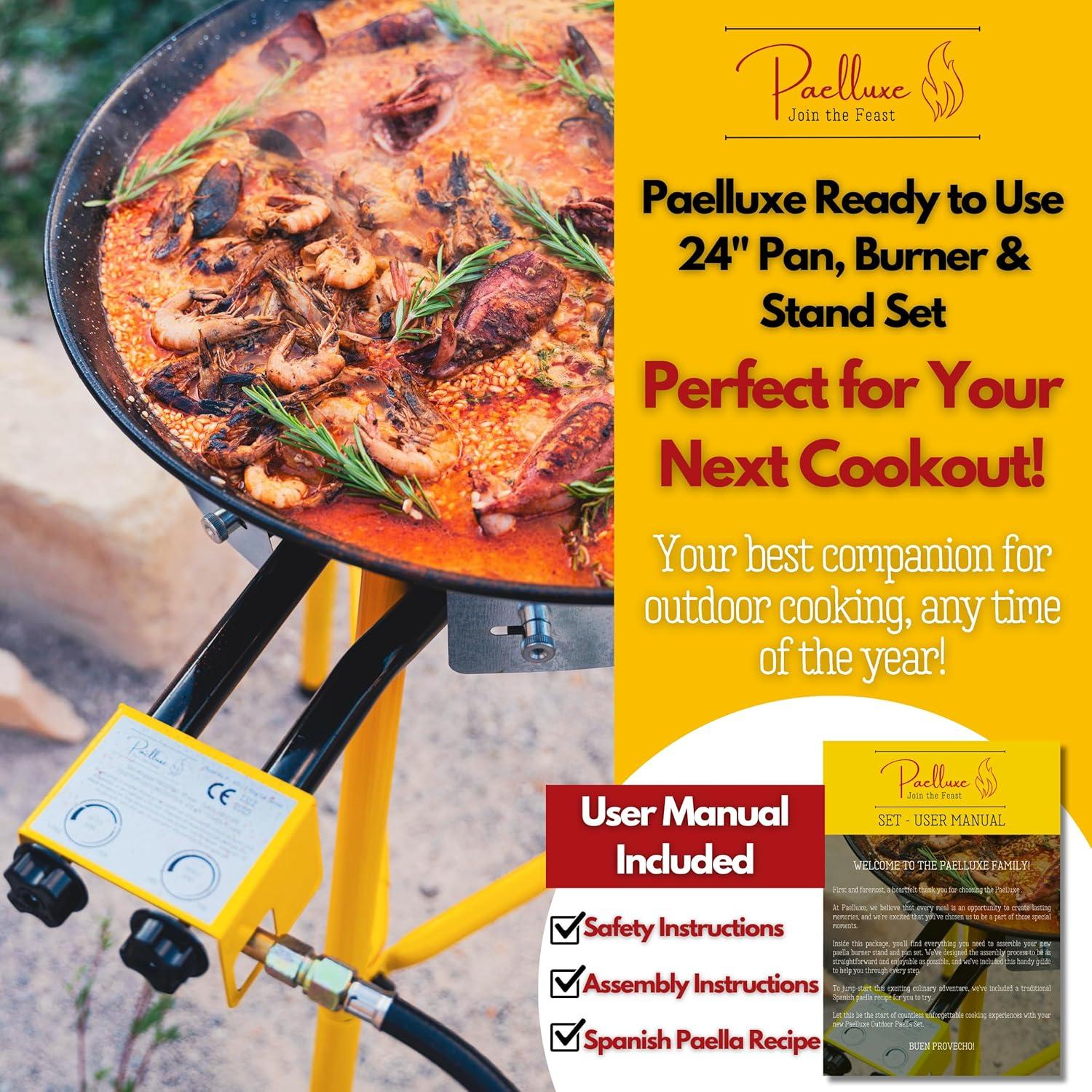 Paelluxe Paella Burner and Stand Set 20 Servings, 24 Inch Paella Pan, Dual Propane Outdoor Stove with Stand & Regulator, Portable Gas Cooker for Camping Crawfish Boil Cooking Outdoor, Paellera Propano