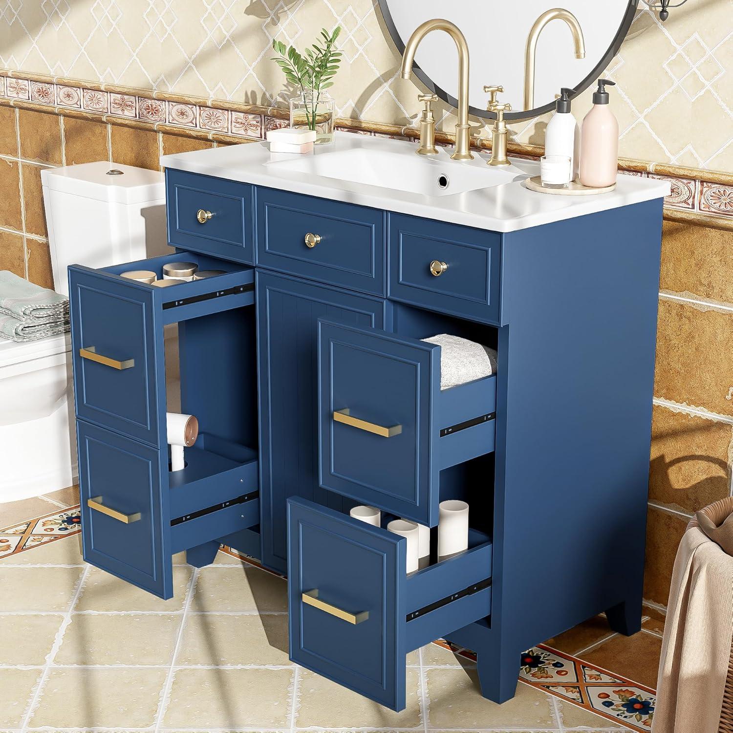 Miekor Furniture 36" Bathroom Vanity Cabinet with Sink Top Combo Set, Navy Blue, Single Sink, Shaker Cabinet with Soft Closing Door and Drawer W5UE-1