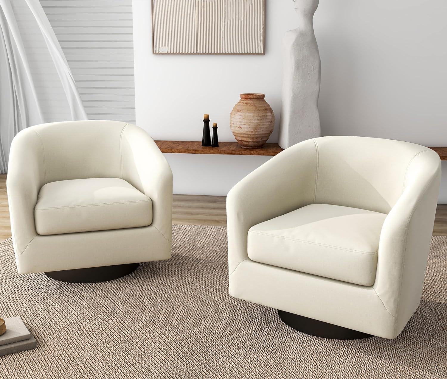 Beige Linen Swivel Barrel Accent Chair with Wood Base