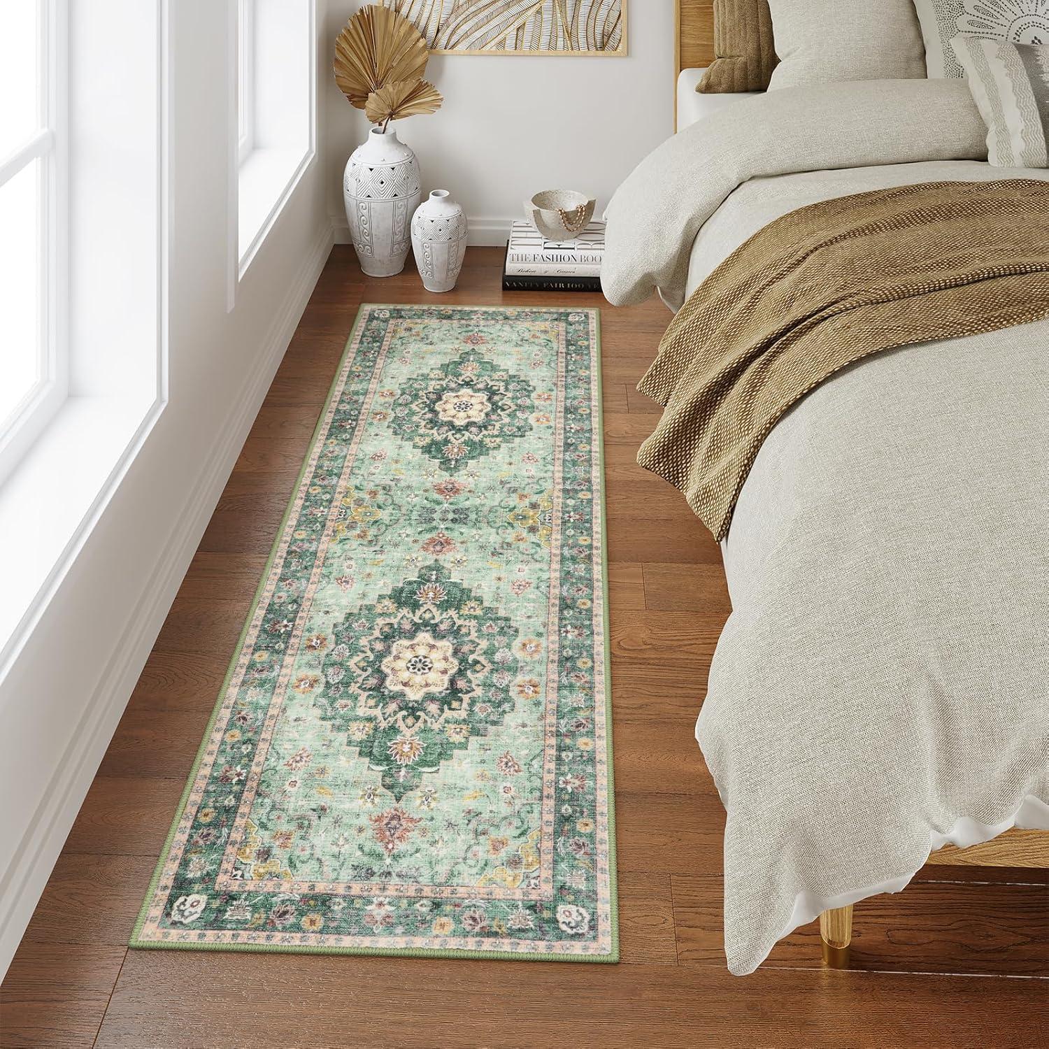 CAROMIO 2' x 6' Runner for Hallway Boho Vintage Rug Non Slip Throw Rugs Floral Bedroom Rug, Green