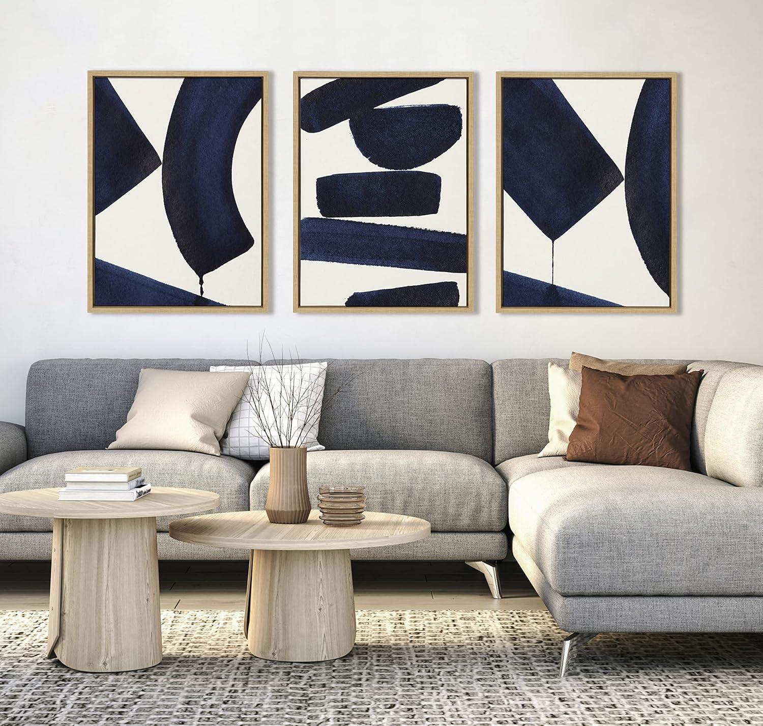 Sylvie Japandi Navy Blue Abstract Canvas Art Set with Natural Frames