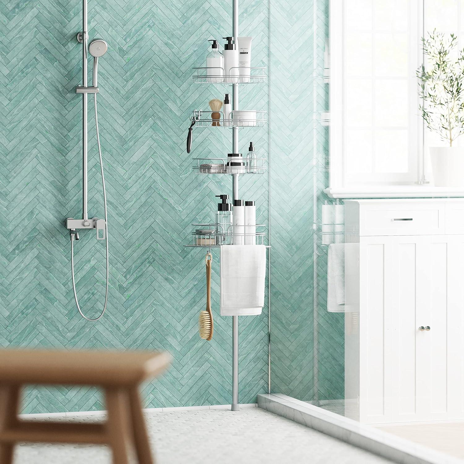 Zenna Home Tension Pole Shower Caddy 4 Basket Shelves with Built-in Towel Bar, Adjustable, 60 to 97 Inch, Chrome