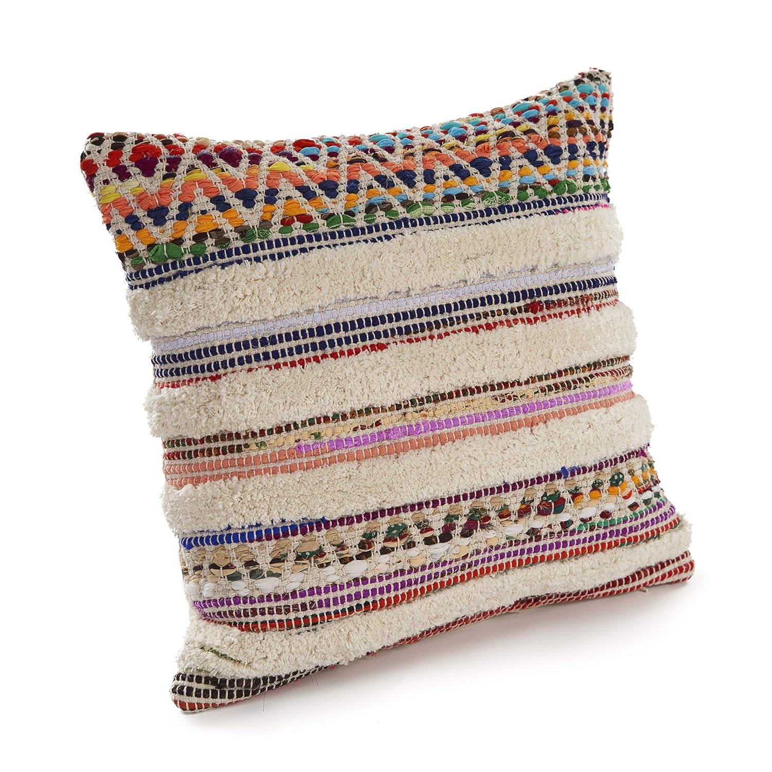 Evette Rios Dahlia Bohemian Multicolor Chevron Striped Chindi Handmade Pillow