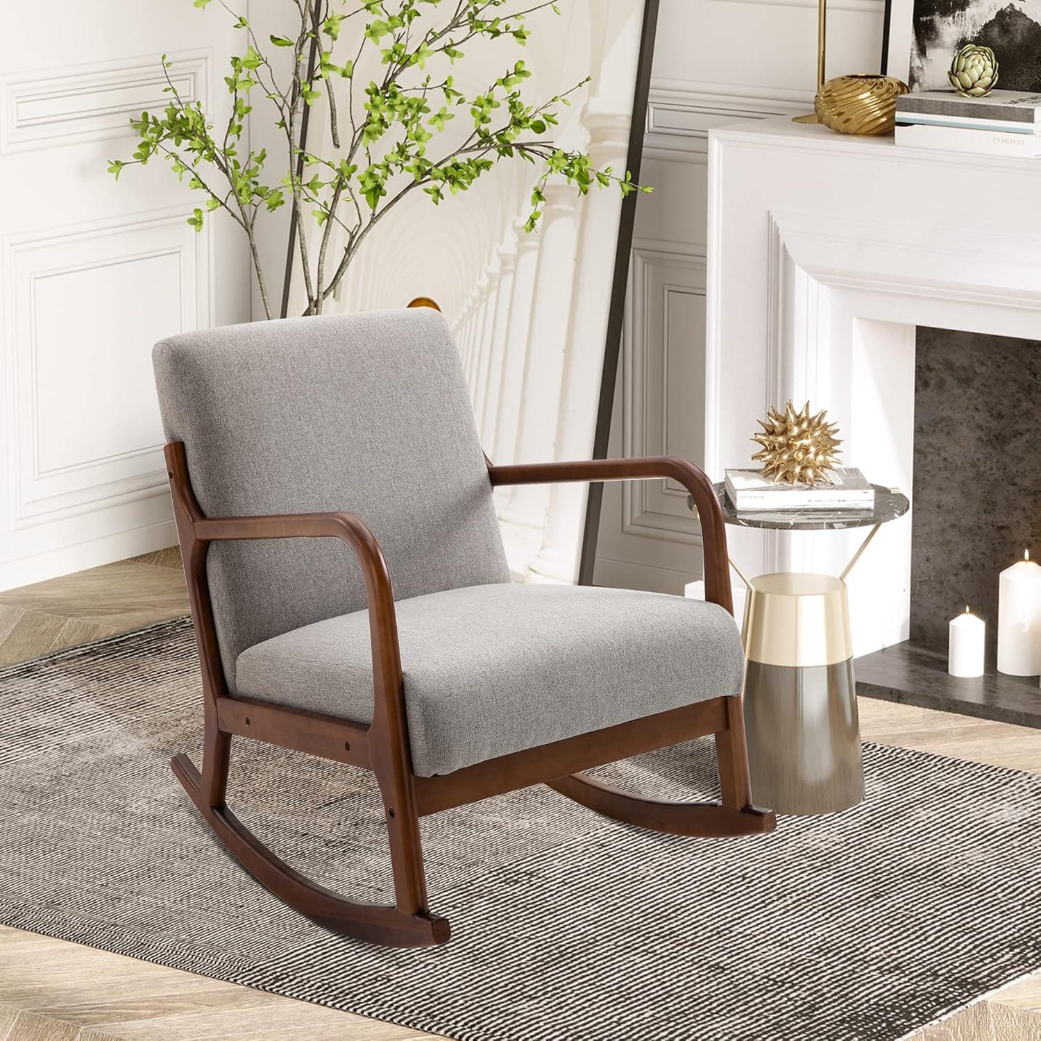 HOMCOM Upholstered Rocking Armchair with Wood Base and Linen Fabric Padded Seat for Living Room