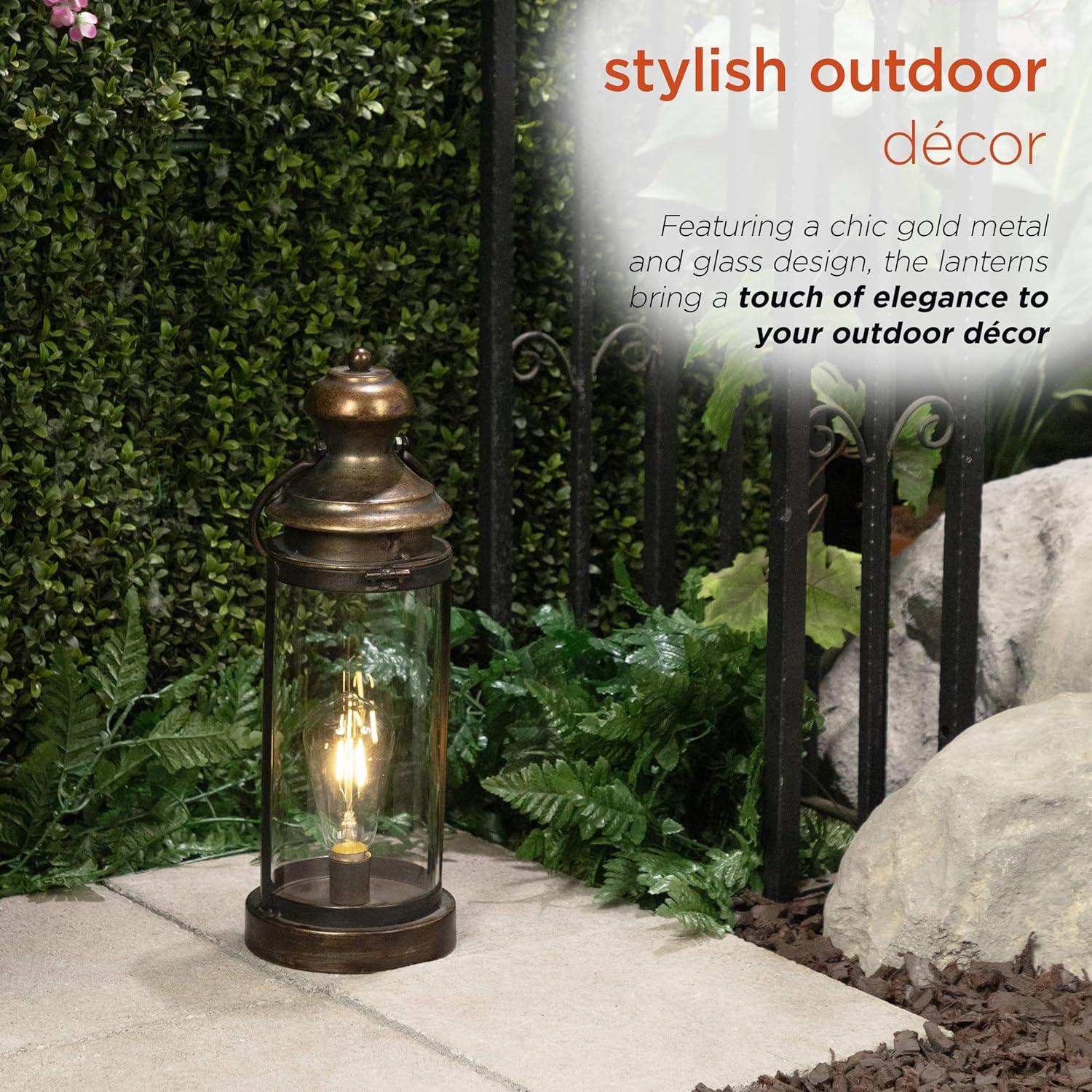 Gold Metal & Glass Lantern with Warm White LED Patio Light, Small