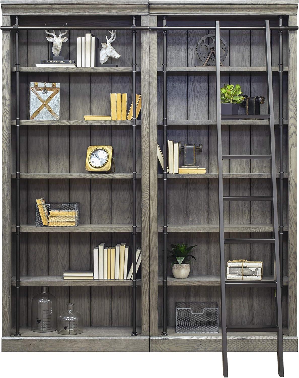 Gray 8' Tall Adjustable Wood Bookcase Wall with Ladder