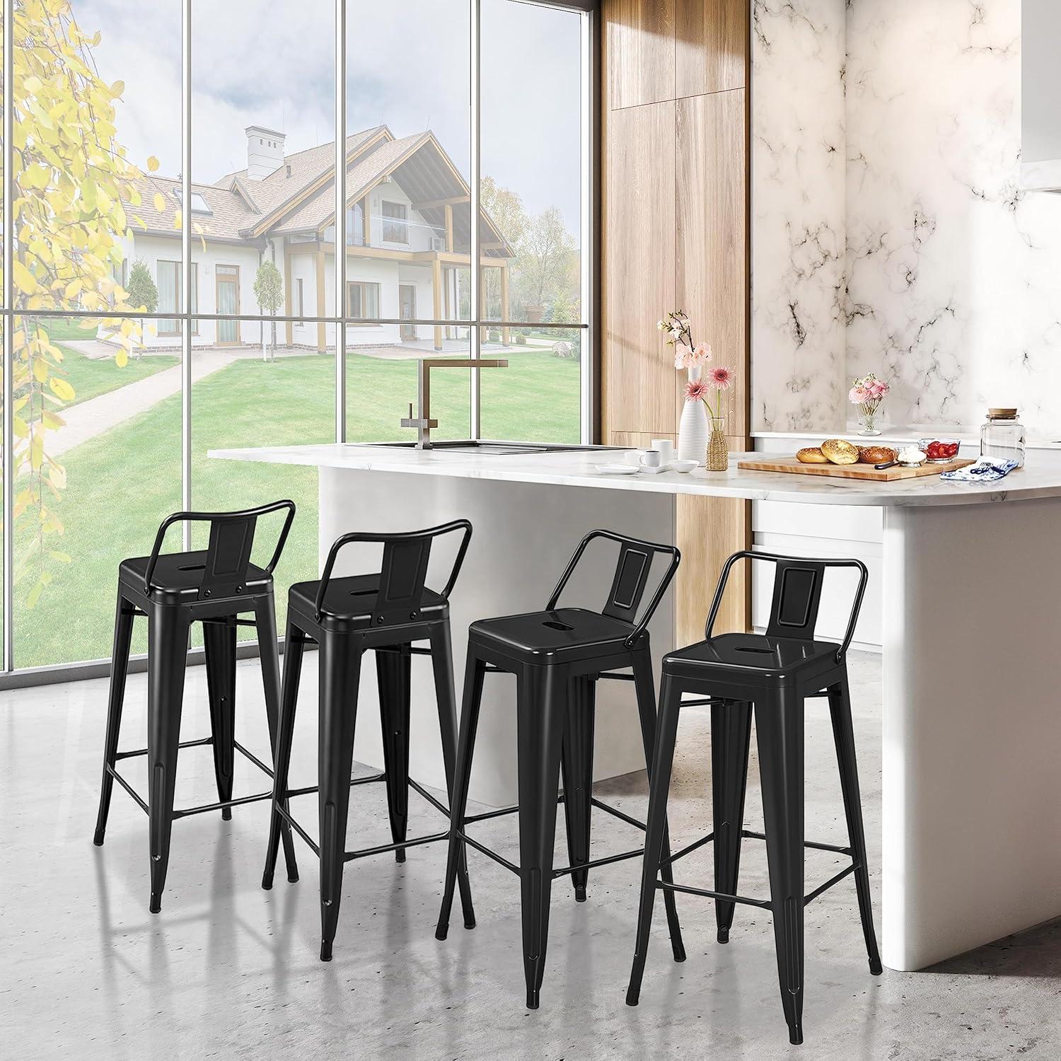 Killeryuki 30" Metal Bar Stools Set of 4, Industrial Cafe Side Chairs with Removable Back and Rubber Feet, Stackable Counter Stool for Bistro, Cafe, Kitchen, Living Room, Black