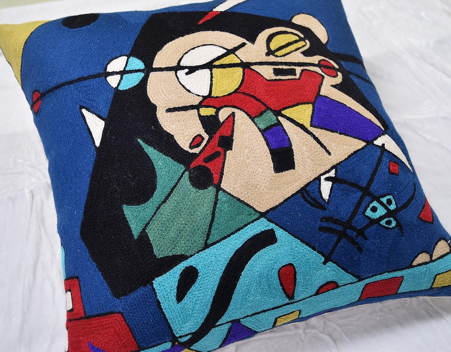 Kandinsky Blue Harmony Embroidered Cotton Wool Pillow Cover 18x18