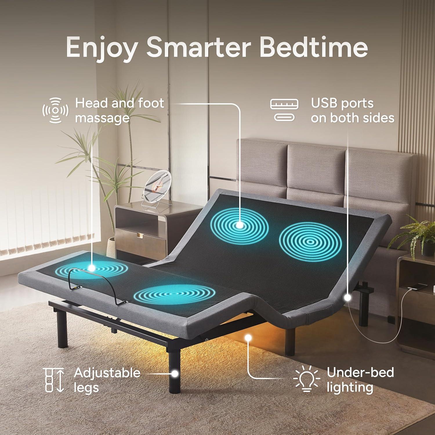 Renanim Serenityflex Adjustable Bed Frame with Electric Dual Massage - USB, Under Bed Light, Zero Gravity, App Control, Head and Foot Incline, Reclining Base Full