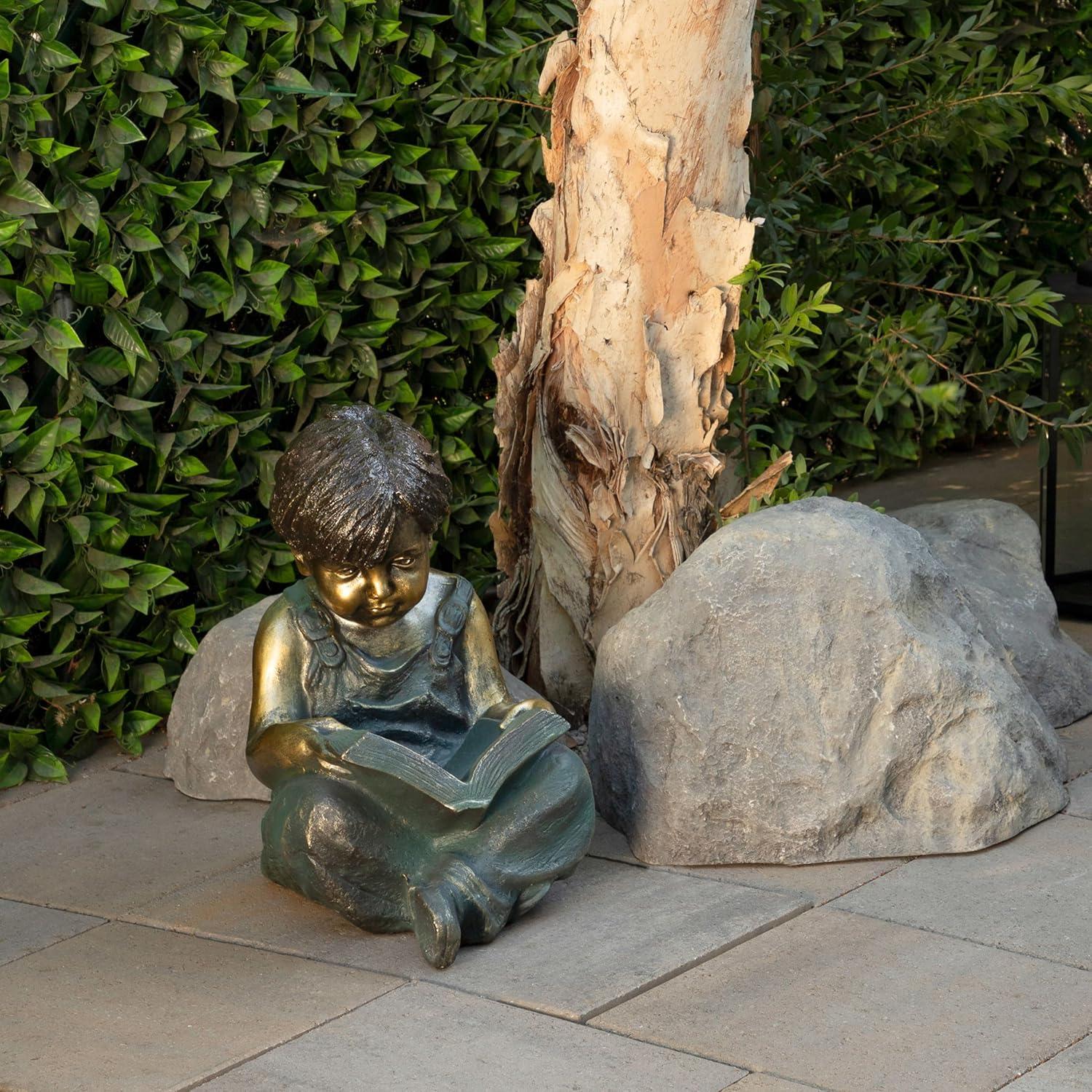 Alpine Corporation 16" Polyresin Girl and Boy with Dog Sitting on Bench Sculpture Bronze: Durable Outdoor Decor, Magnesium Oxide, Rust-Resistant