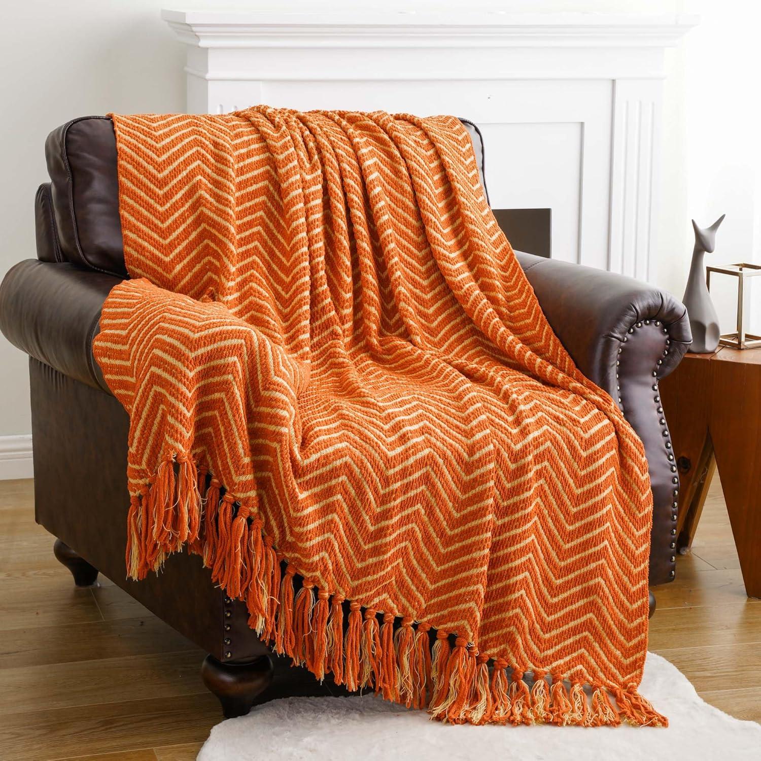 Orange Knitted Reversible Chenille Throw Blanket with Fringe, 50"x60"